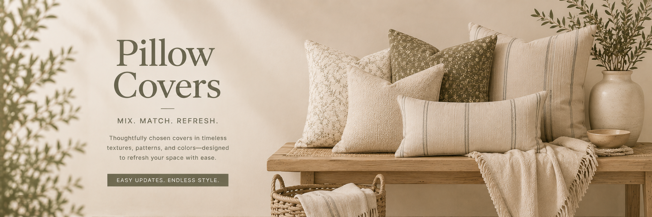 A beautifully styled sofa featuring layered decorative pillow covers in soft textures, neutral colors, and timeless patterns.