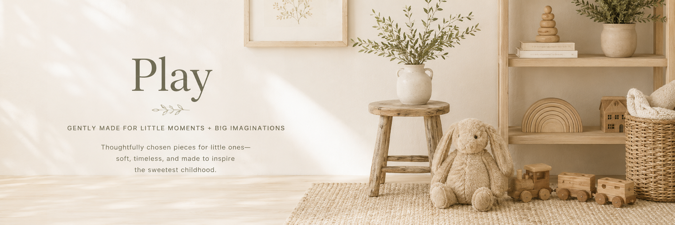 Light and airy children’s playroom with wooden toys, plush bunny, natural textures, and soft neutral styling
