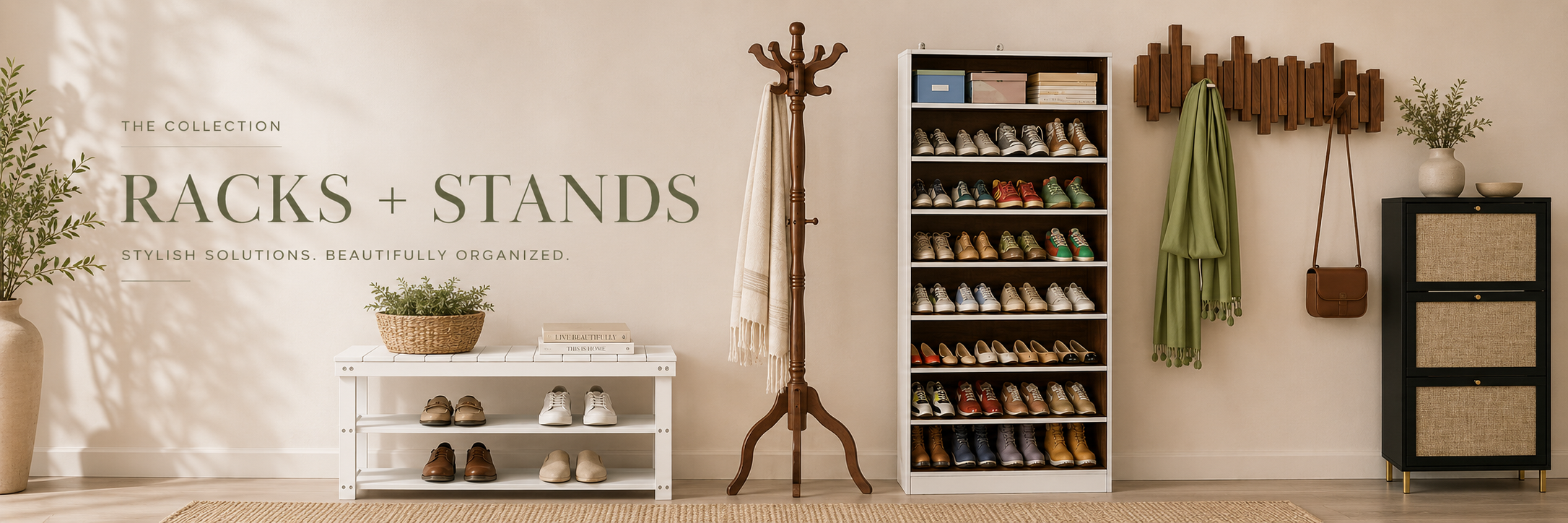 Racks and stands collection banner featuring a white shoe bench, wooden coat stand, tall shoe rack, decorative wall hooks, and a black storage cabinet in a warm, refined entryway.