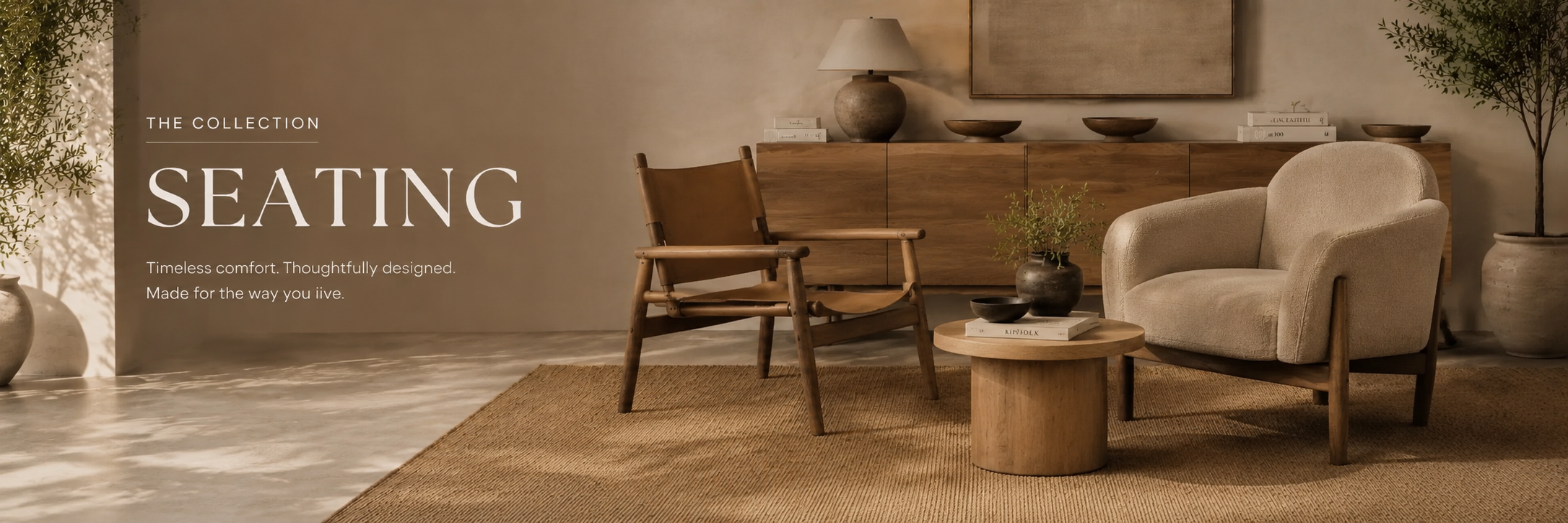 Modern seating collection featuring accent chairs, upholstered lounge chairs, and wood furniture in a warm neutral living room