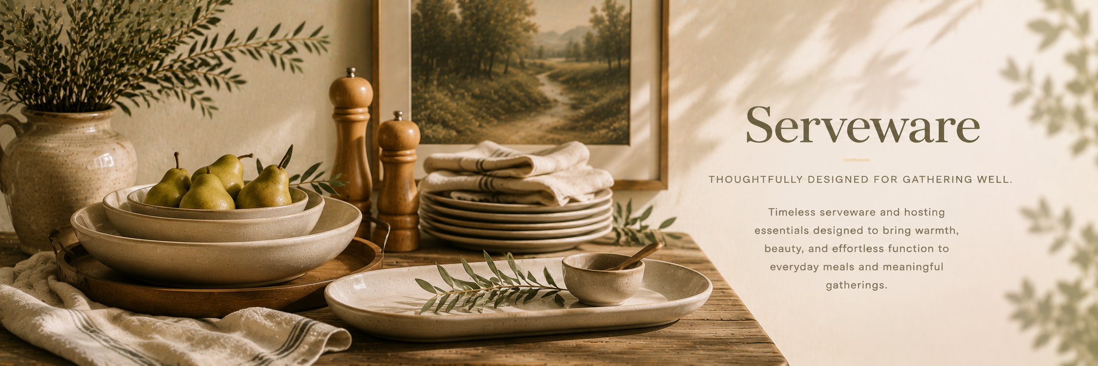 Warm neutral serveware styling with ceramic bowls, trays, layered tabletop pieces, and soft editorial lighting