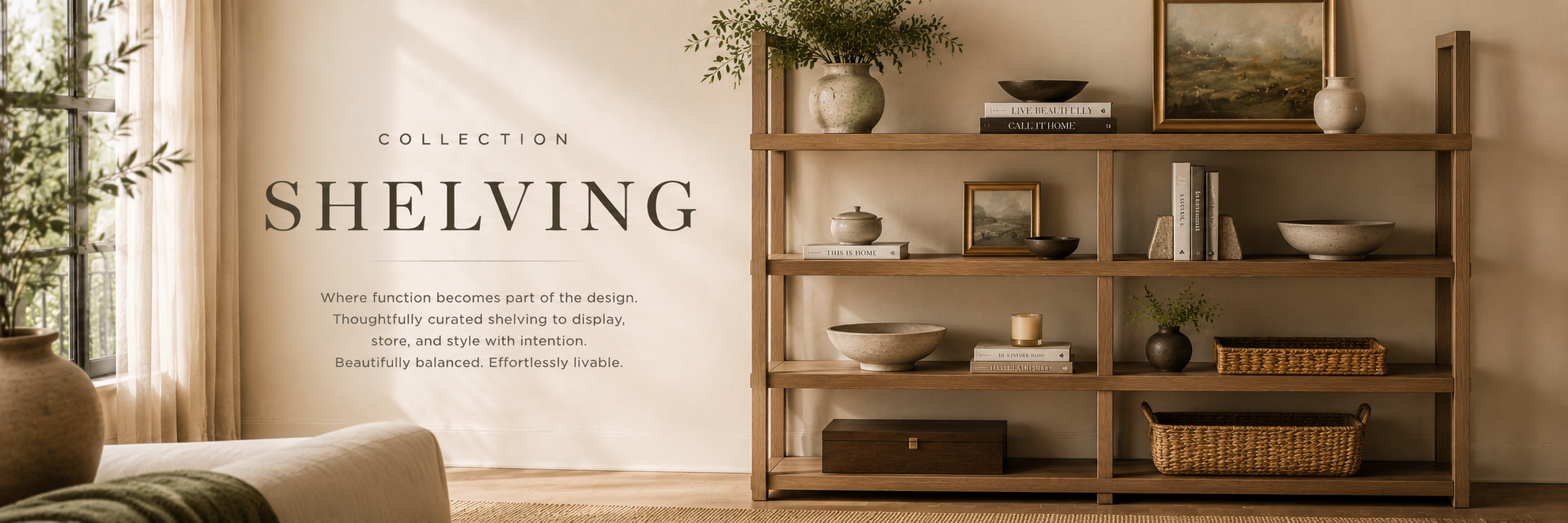 Neutral interior with open shelving, styled decor, and warm natural textures
