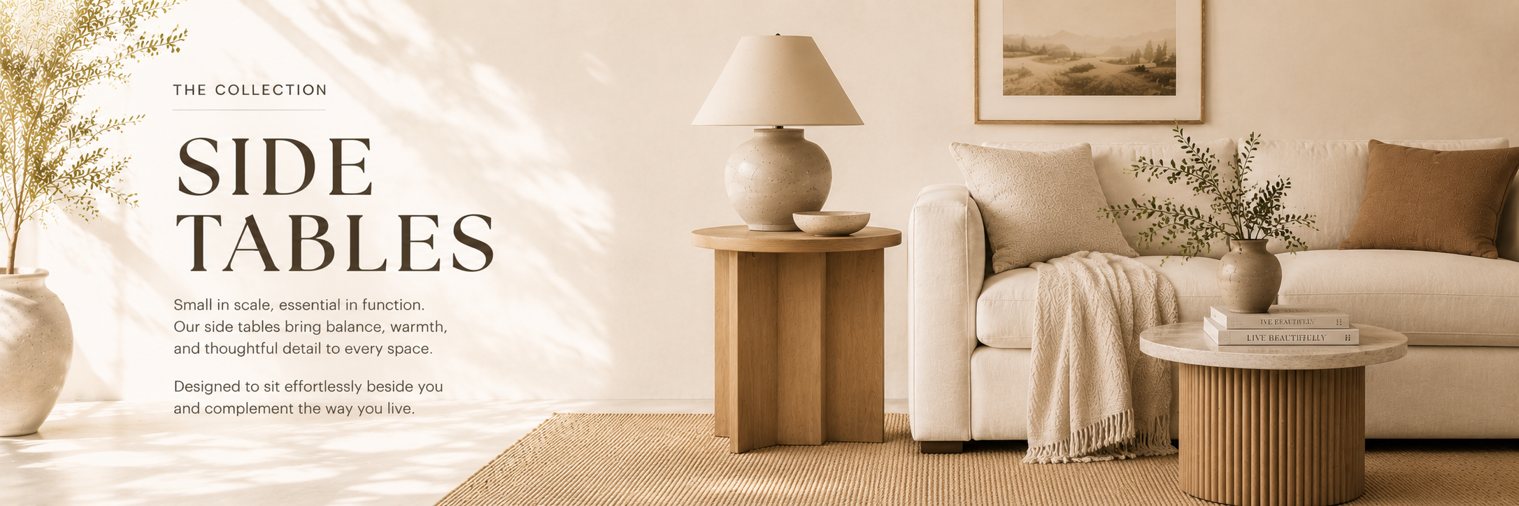 Neutral living room with a wood side table beside a sofa, styled with decor and soft natural light