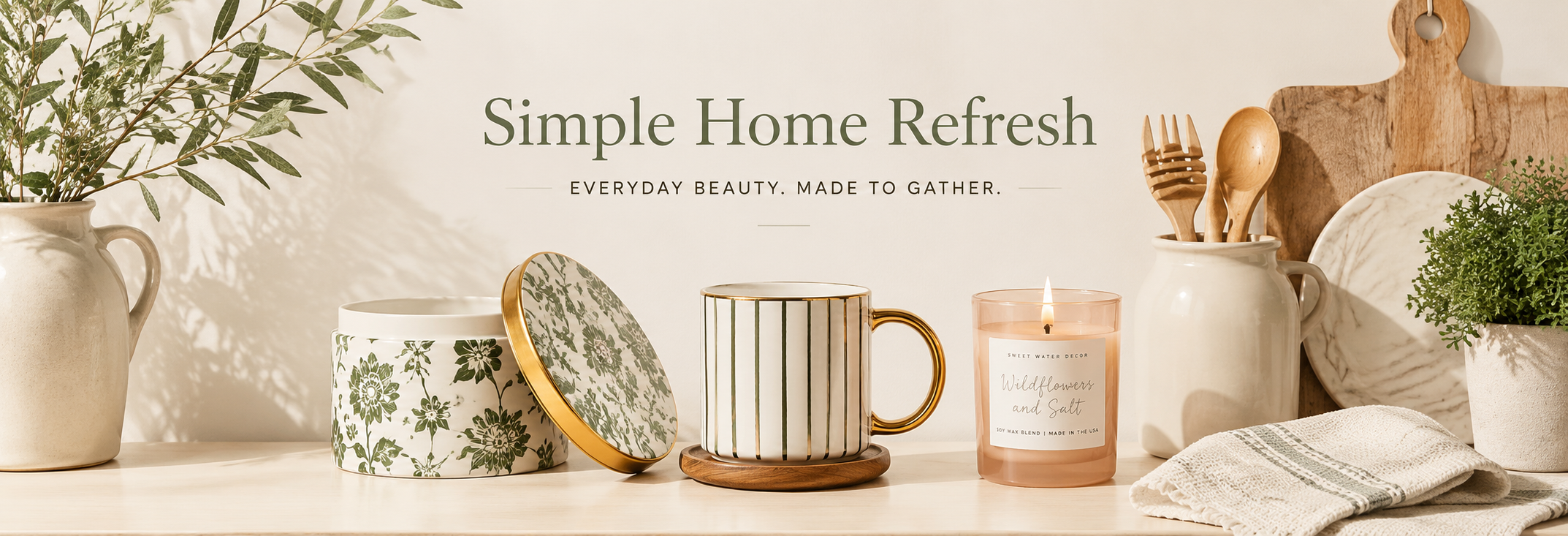 A warm neutral home decor banner featuring candles, a striped mug, floral trinket dish, pillows, folded textiles, and greenery for Mountain Refined’s Small Home Refresh collection.