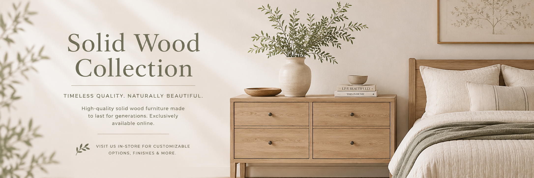 Solid wood dining table with matching bench, wood chairs, and warm natural furniture in a softly styled neutral dining room.