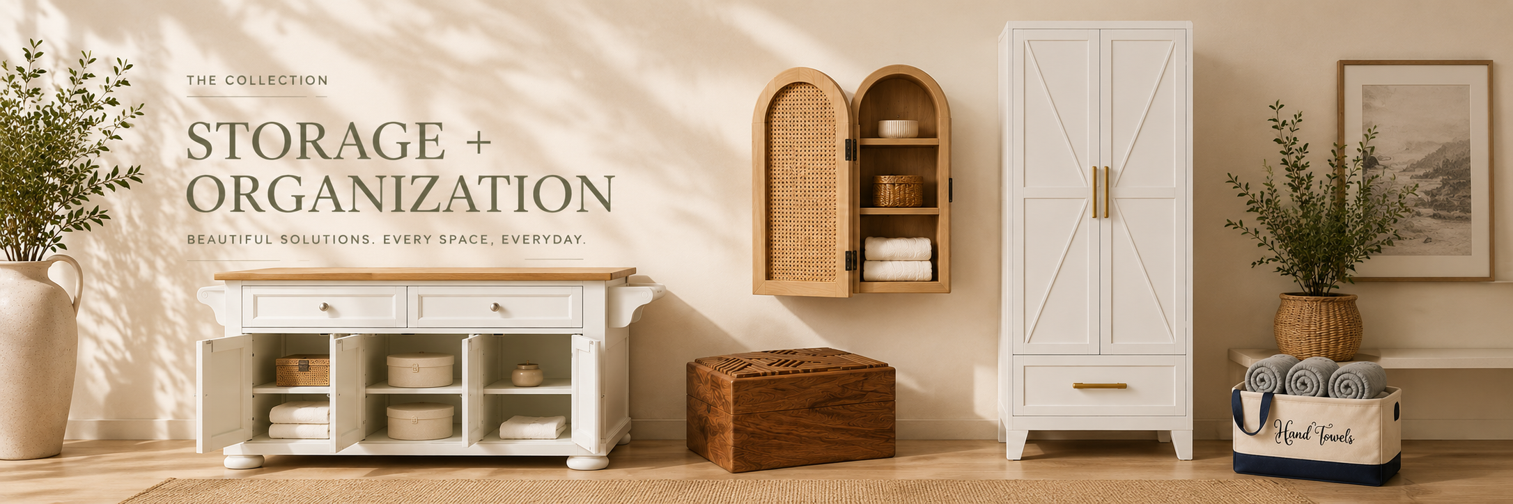 Storage and organization collection banner featuring white cabinets, a cane-front wall cabinet, wooden keepsake boxes, towel storage, and woven baskets in a warm, refined interior.