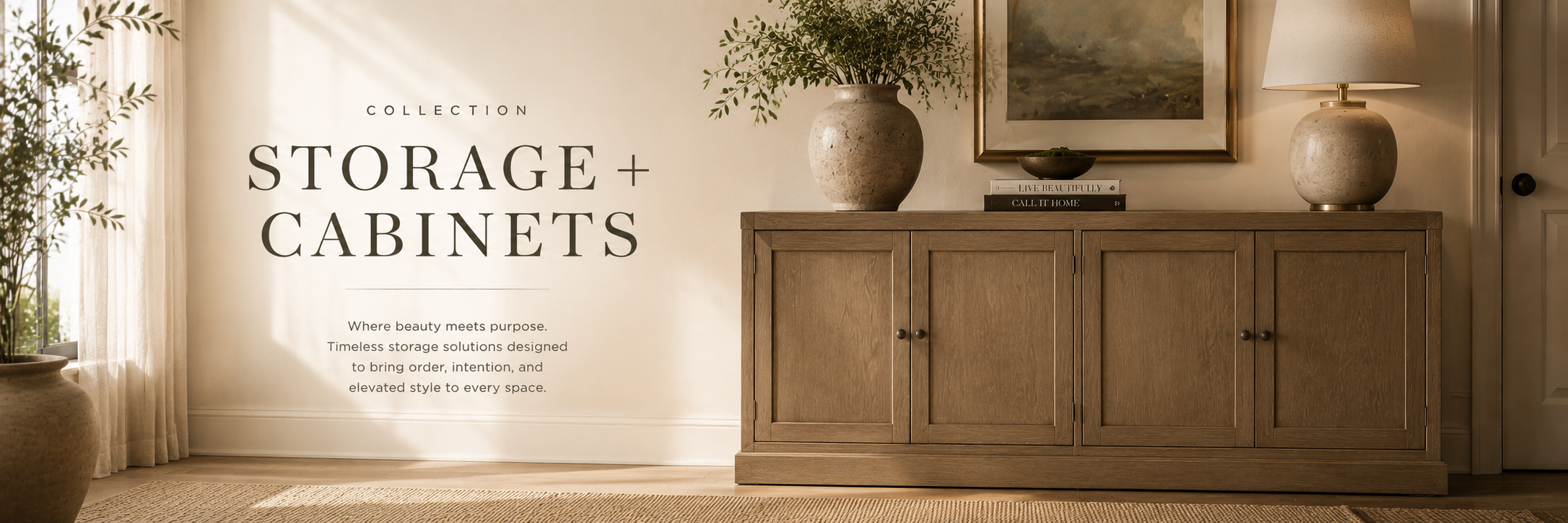 Neutral interior with refined storage cabinet, natural textures, and warm minimalist styling