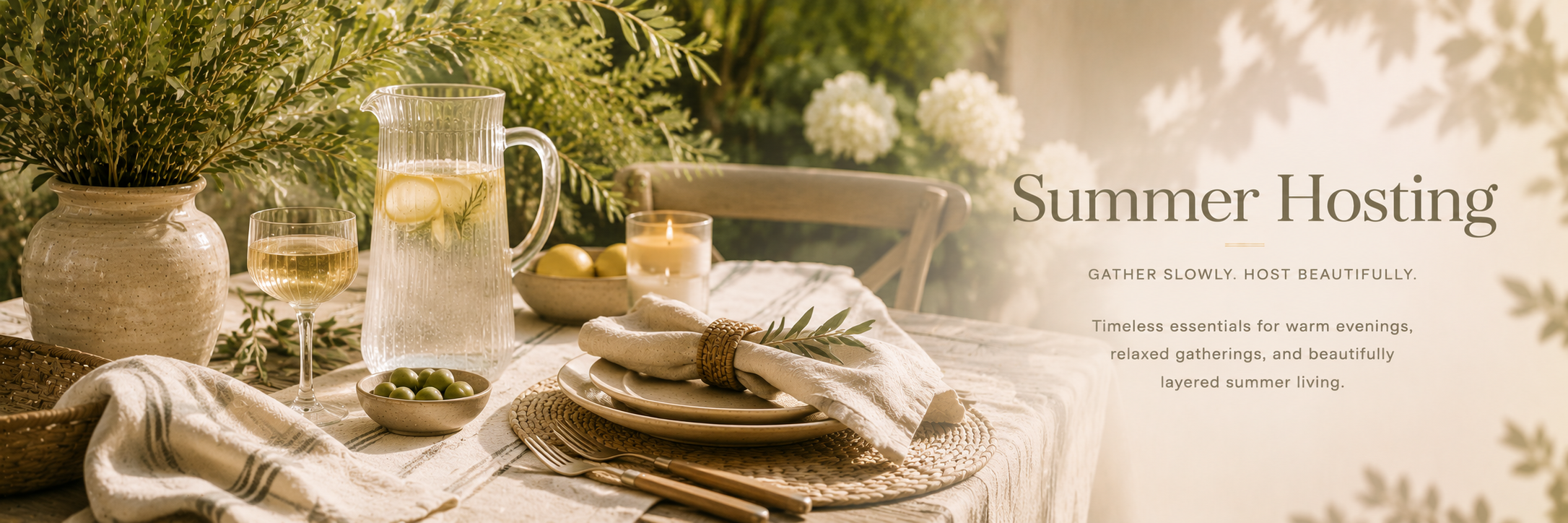 Warm neutral summer hosting setup with layered serveware, glassware, linens, and soft natural lighting