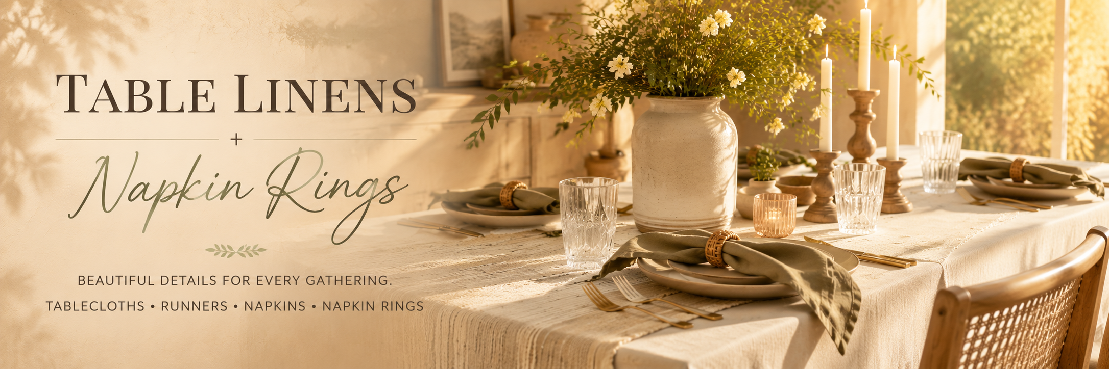 Styled dining table featuring a tablecloth, table runner, cloth napkins, and decorative napkin rings from Mountain Refined