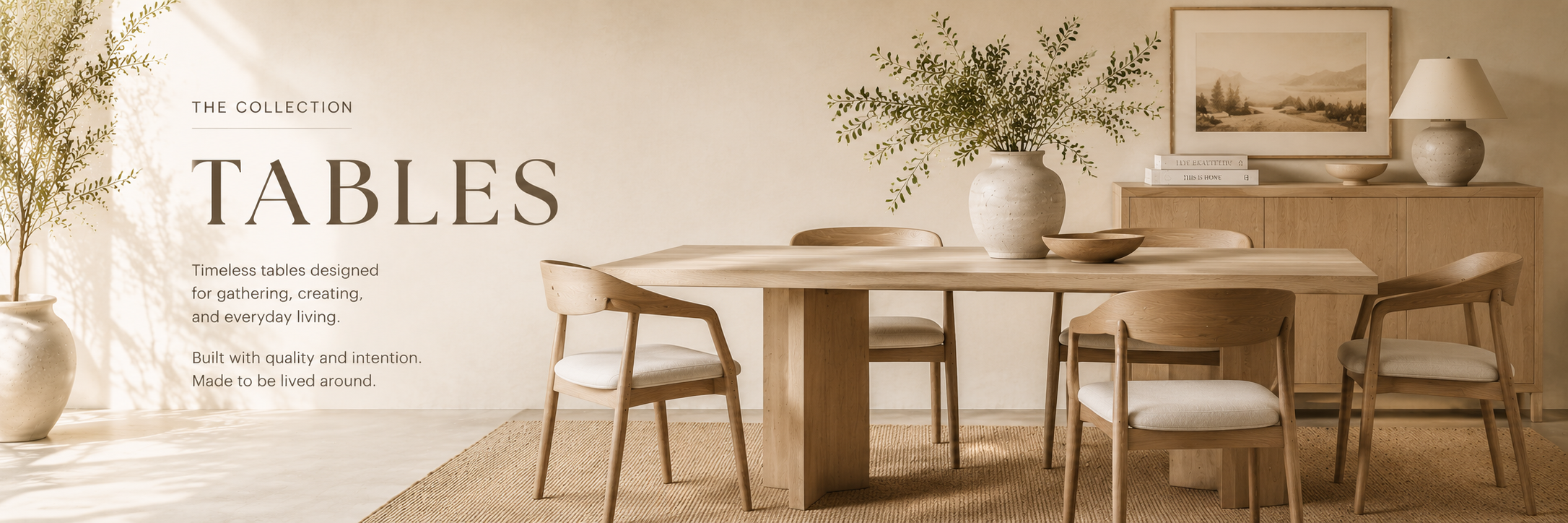Light neutral dining room with a wood table, natural textures, soft sunlight, and timeless home decor styling.