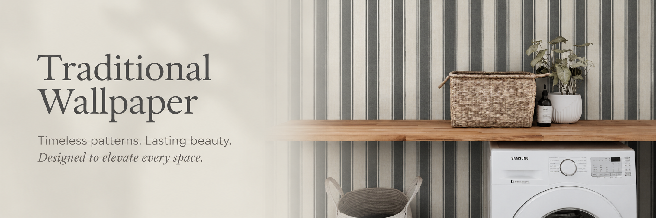 Traditional wallpaper banner featuring gray and cream striped wallpaper in a laundry room with a wood countertop, woven basket, and neutral decor.