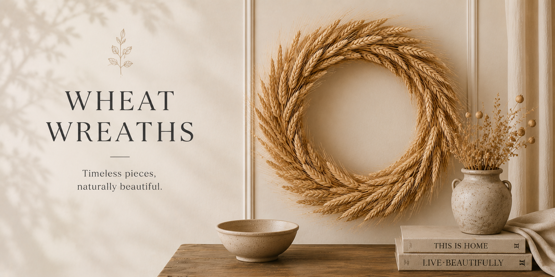 Natural wheat wreath styled on a neutral wall with warm tones and organic textures in a refined home setting