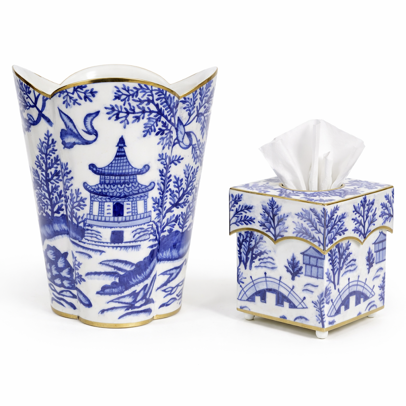 Blue Pagoda Wastepaper Basket & Tissue Set