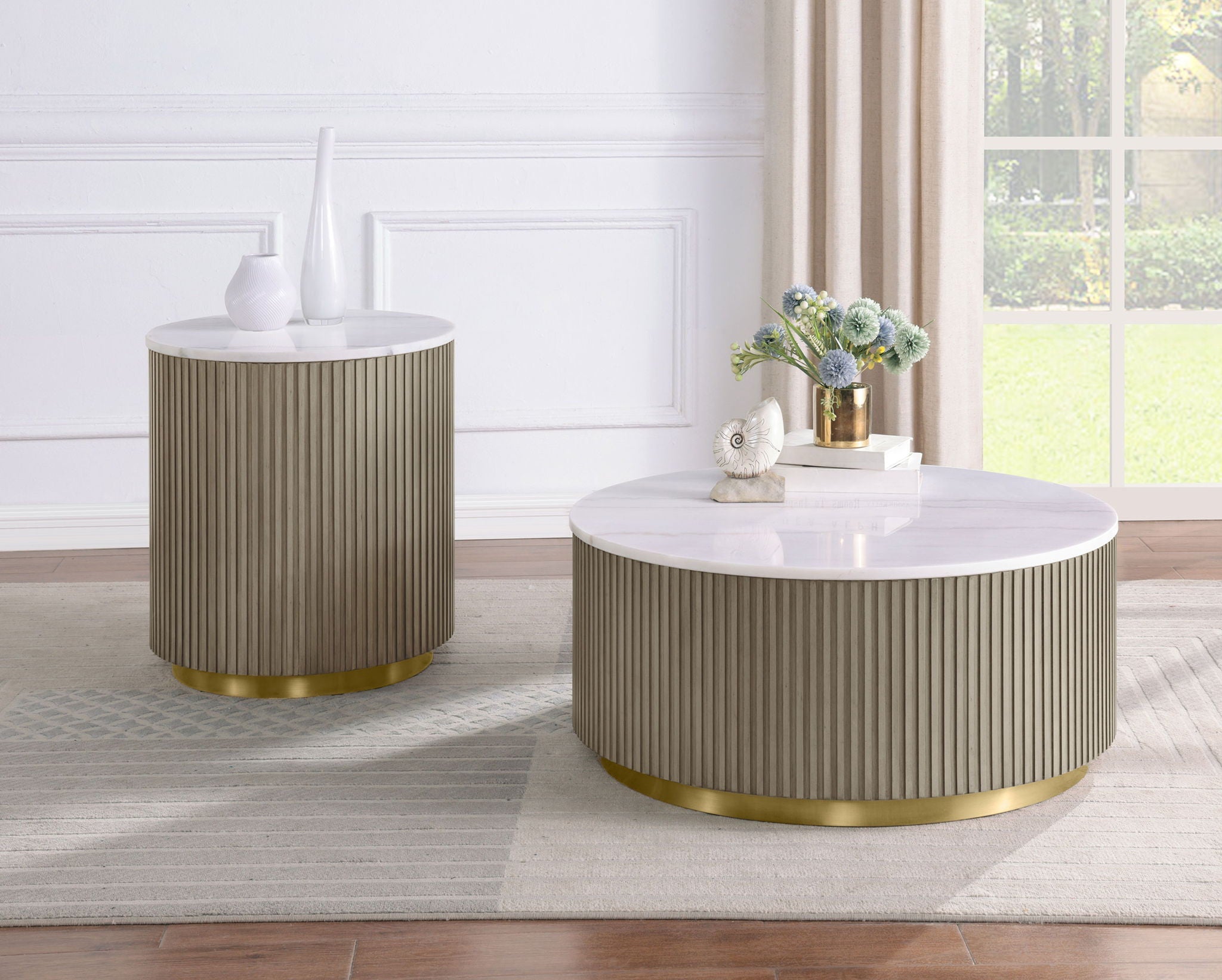 Jason Round White Marble Top Side End Table Greige