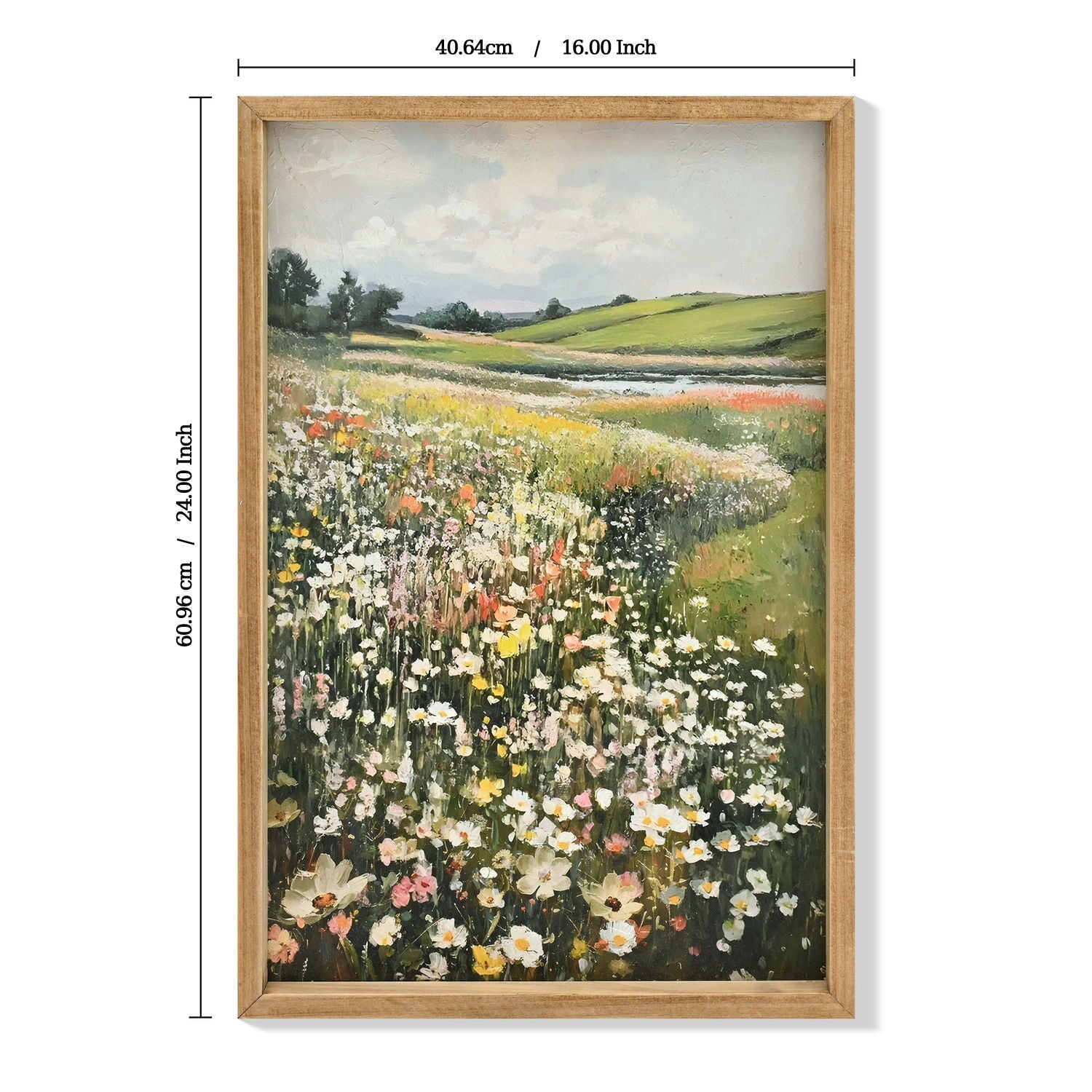 Framed Canvas Prints Art Vintage Decor, Classical Wildflower Field Meadow Flowers Painting - Green / Ivory