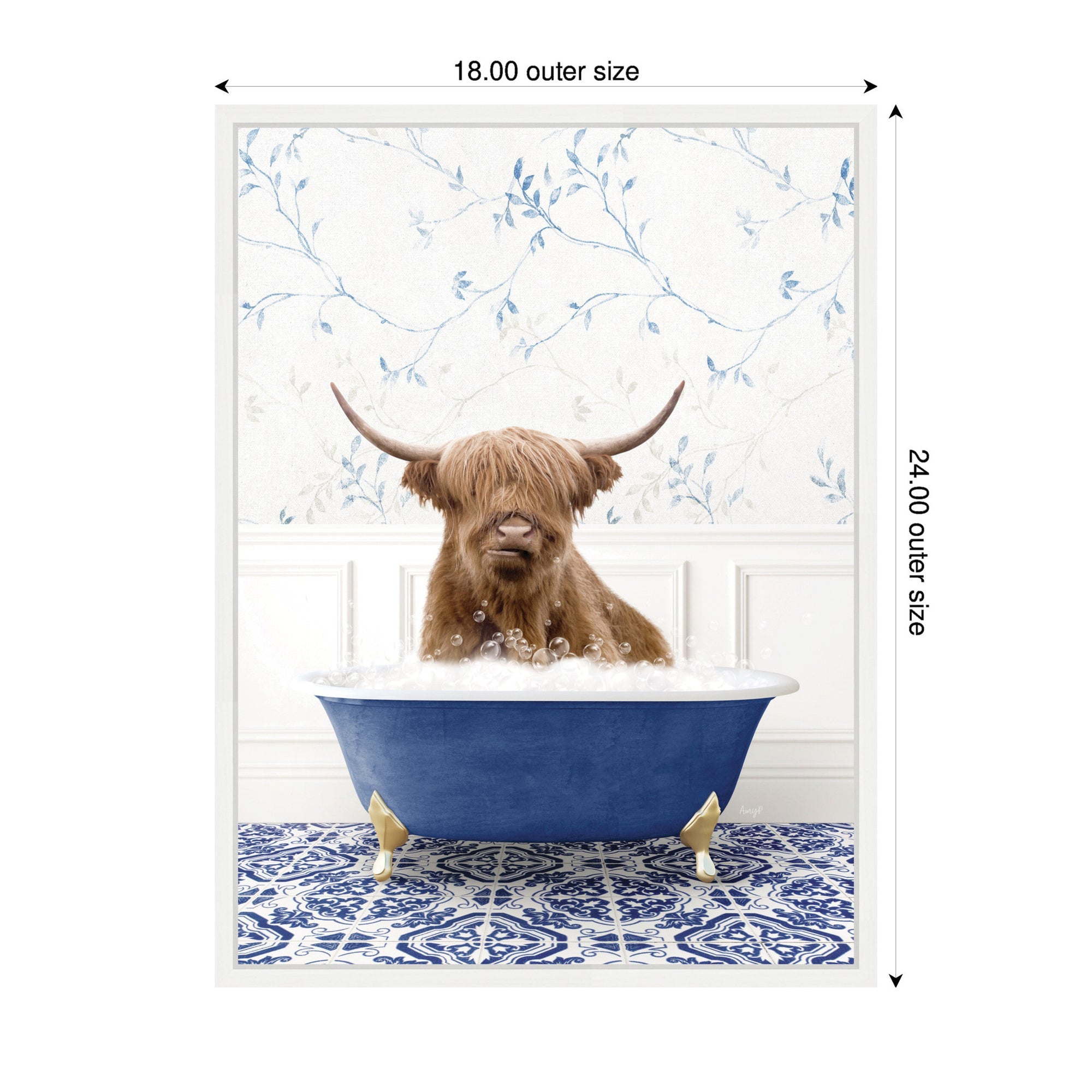 Sylvie Highland Cow in Eclectic Blue Bathtub Framed Canvas by Amy Peterson