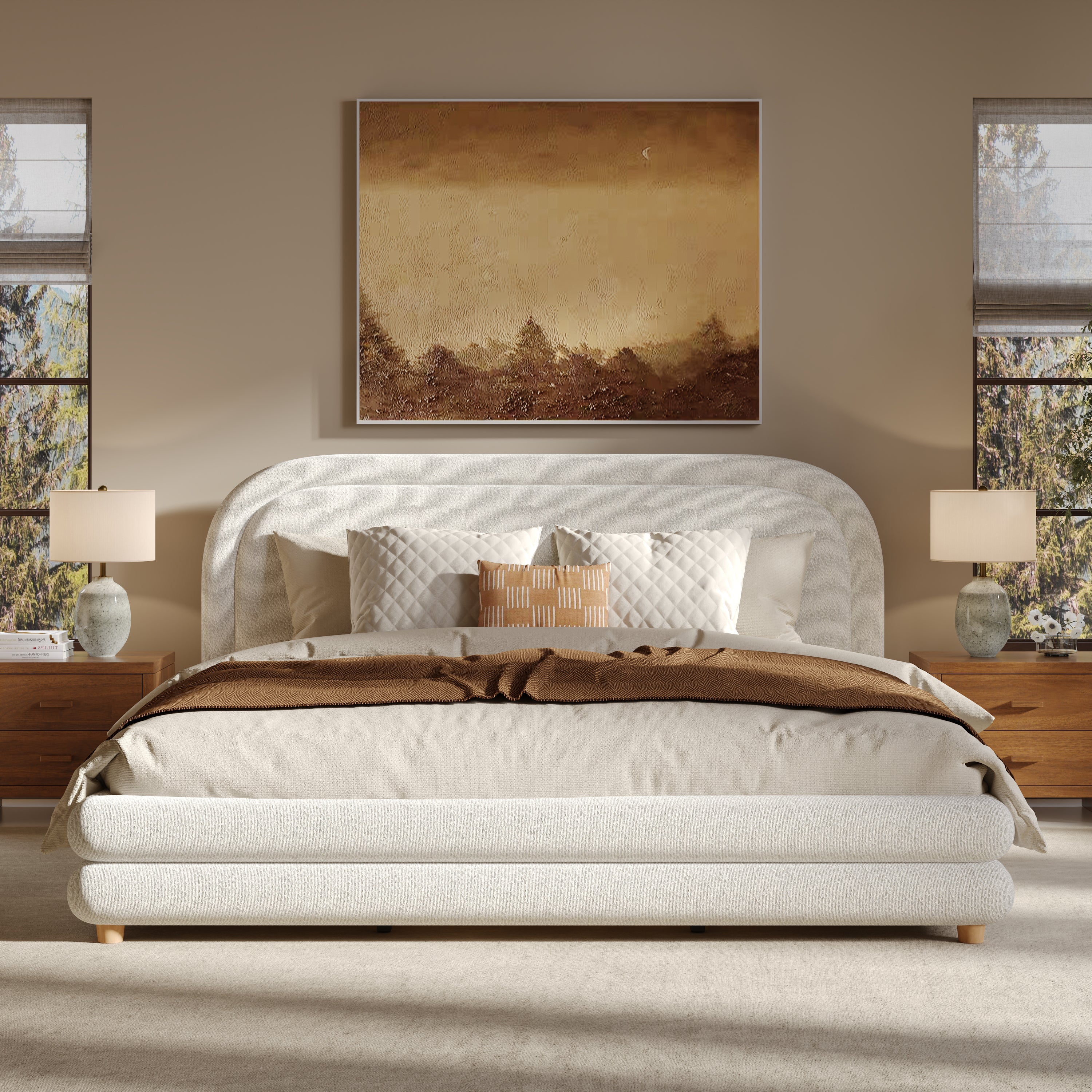King Size Bed Frame With Boucle Upholstered Thick Curved Headboard, Solid Wood Legs