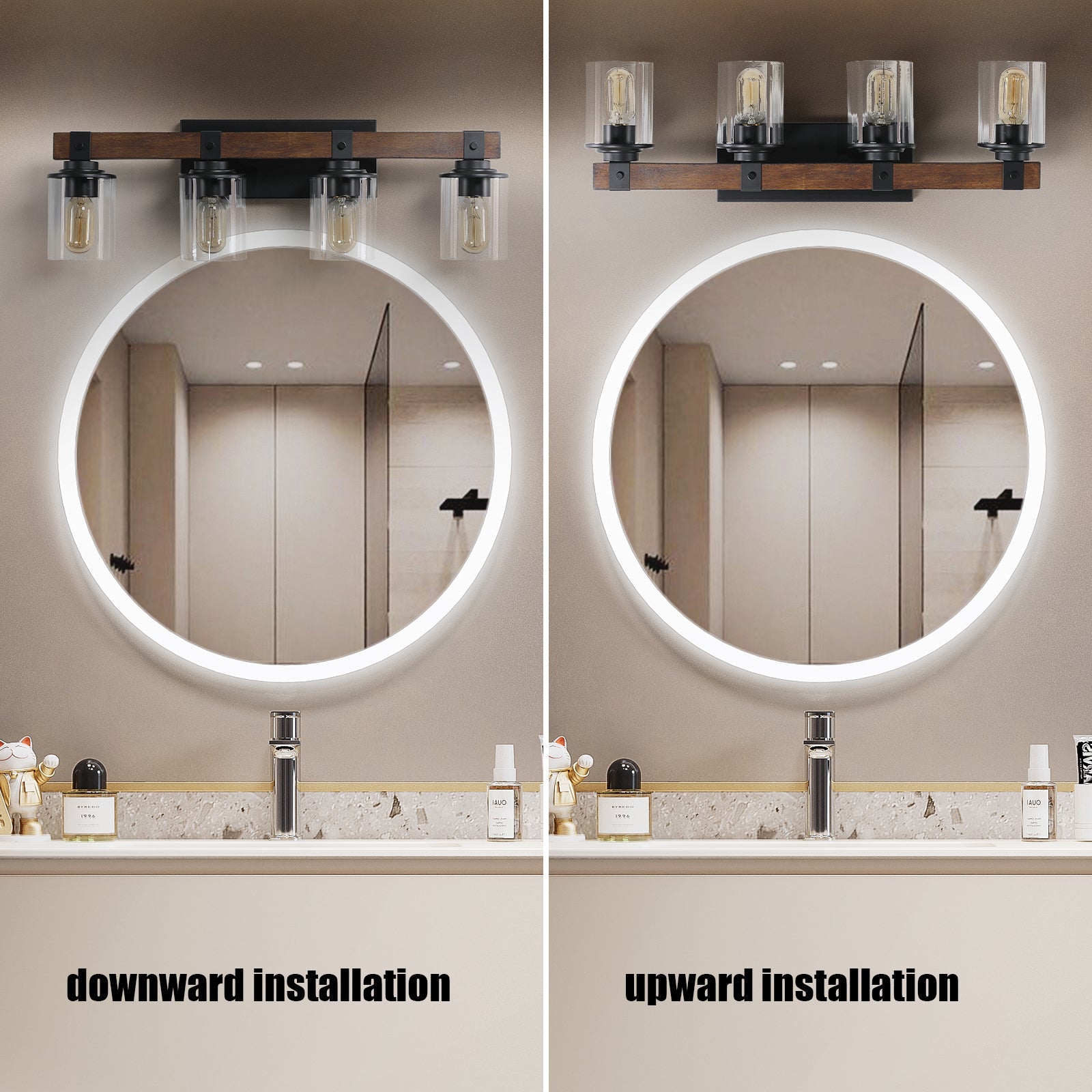 27" 4-Light Modern Farmhouse Bathroom Wall Sconce with Wood Accent