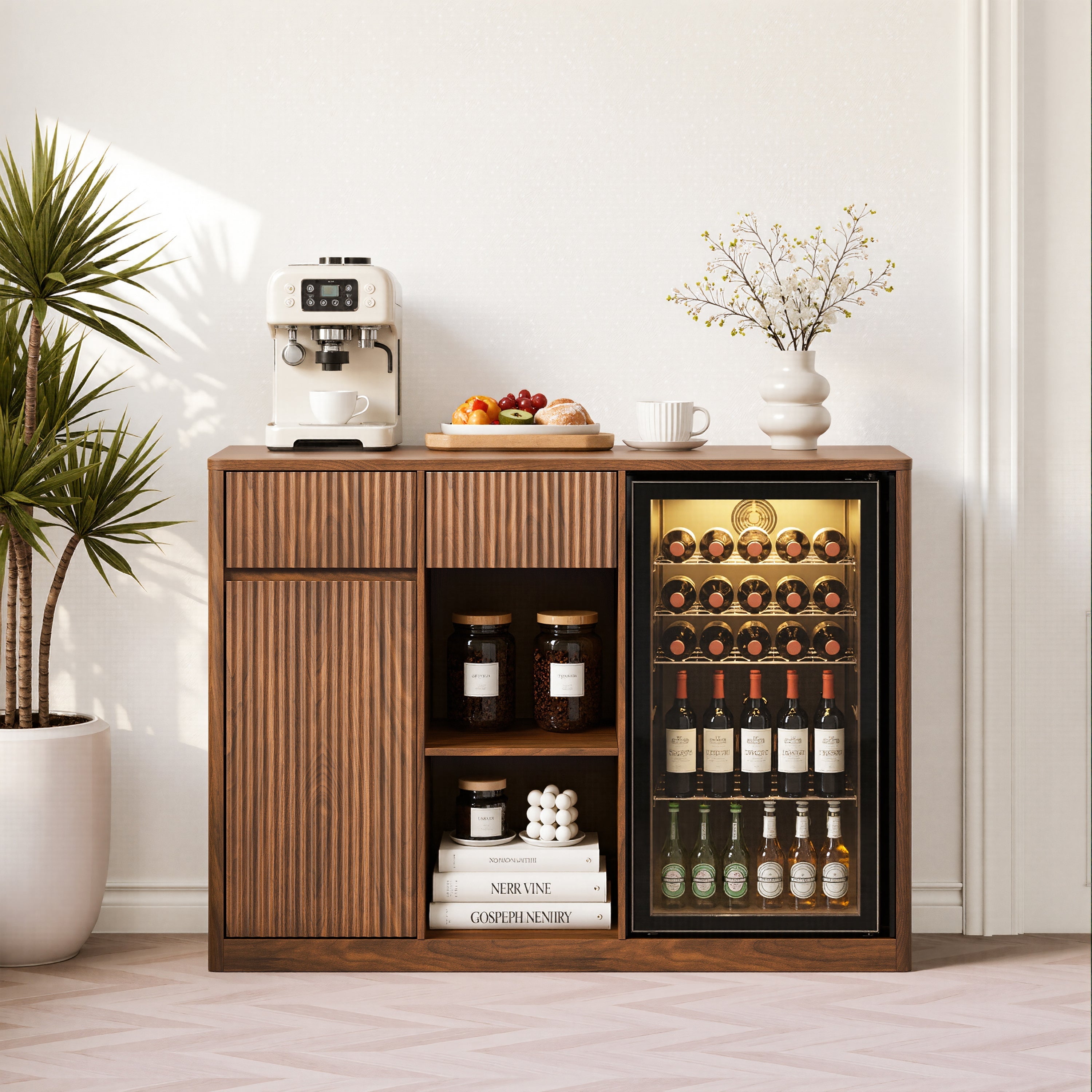 51" Fluted Bar Cabinet with Fridge Space and Wine Glass Rack