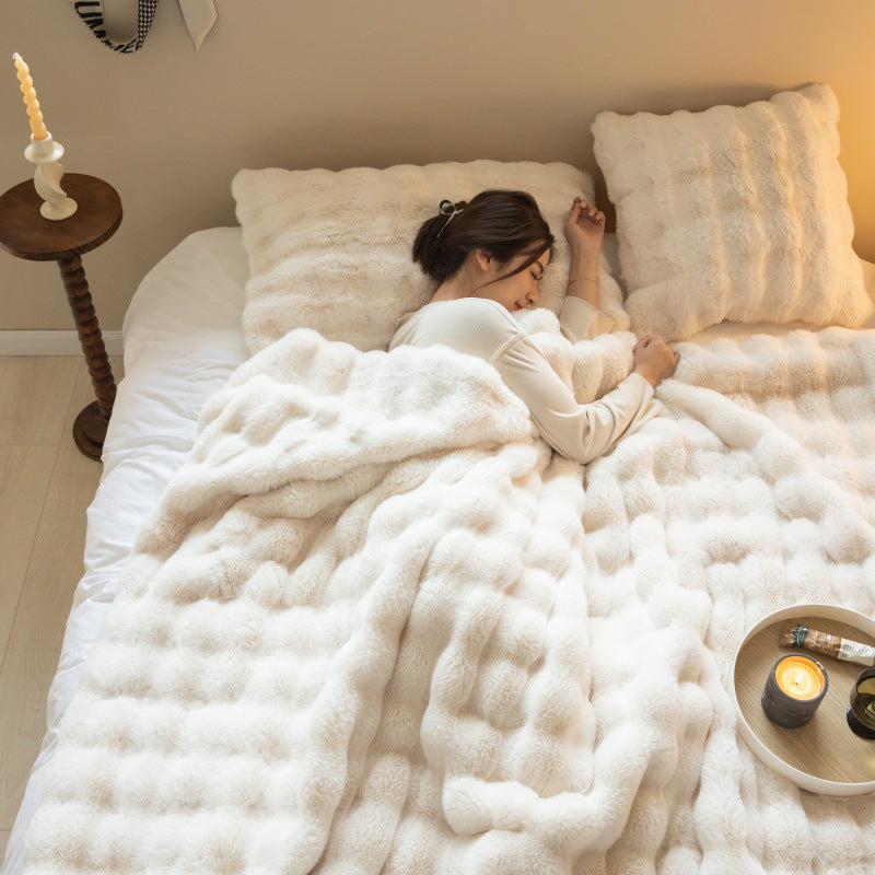Double-sided Rabbit Fleece Blanket Solid Color Faux Fur Plush Blanket Soft Warm Throw Blanket For Couch Sofa Nap Blanket For Winter