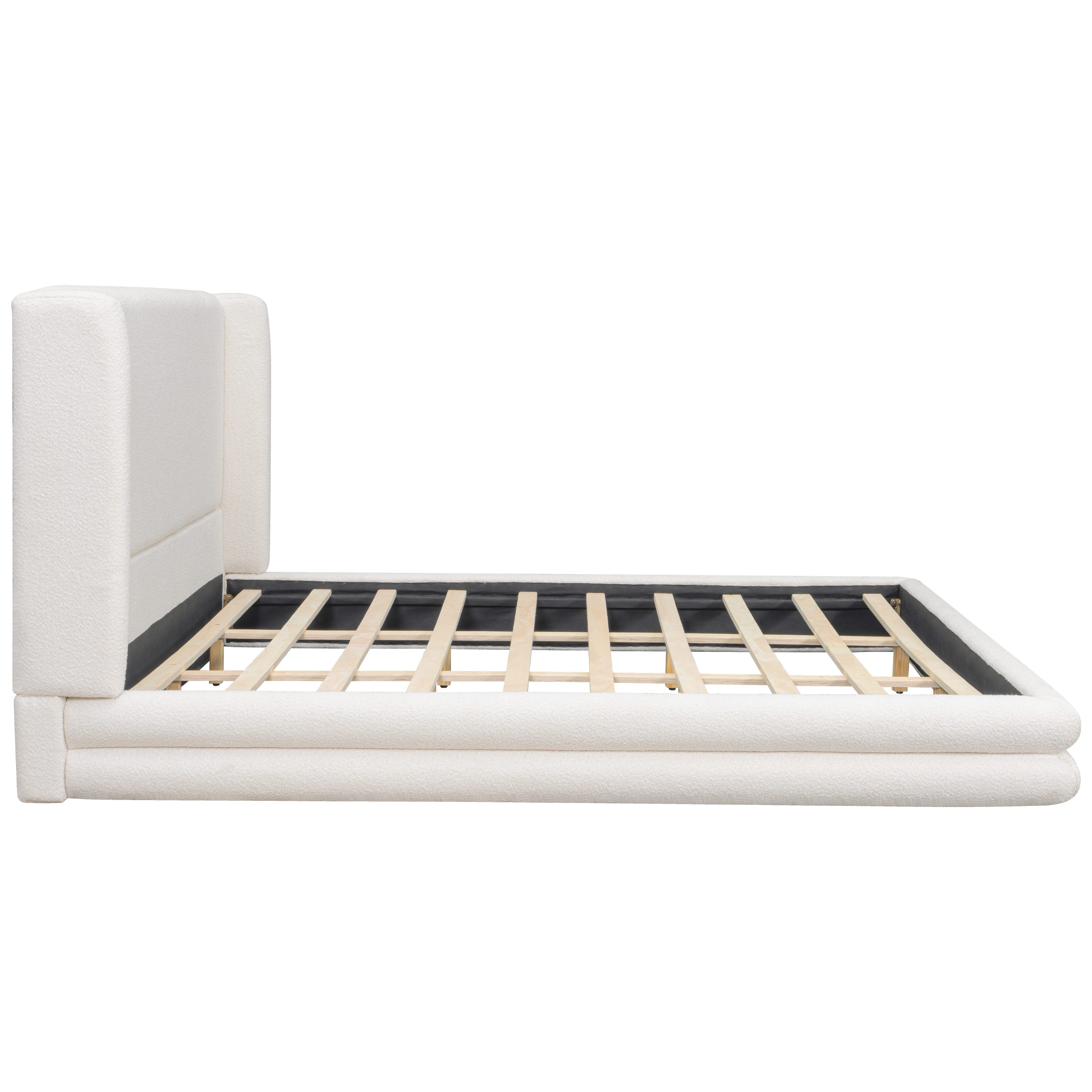 King Size Upholstered Bed Frame With Boucle Thick Wingback Headboard