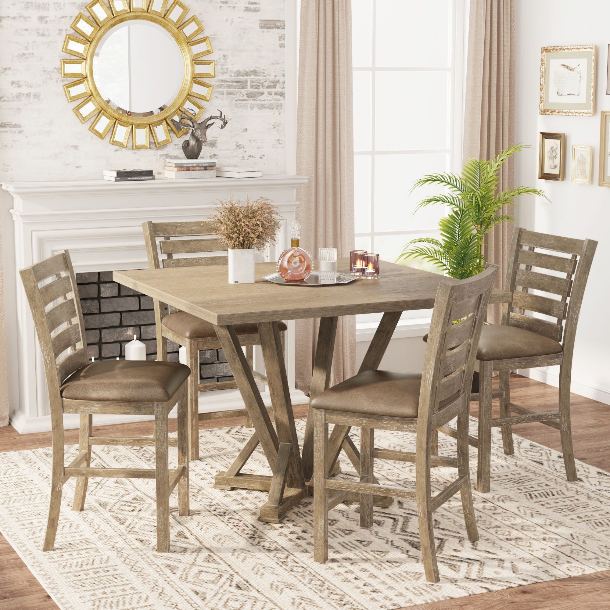 5 Pieces Set Counter Table Set Square Counter Table Solid Wood Modern Farmhouse Rustic Look Distressed Look - Grayish Brown
