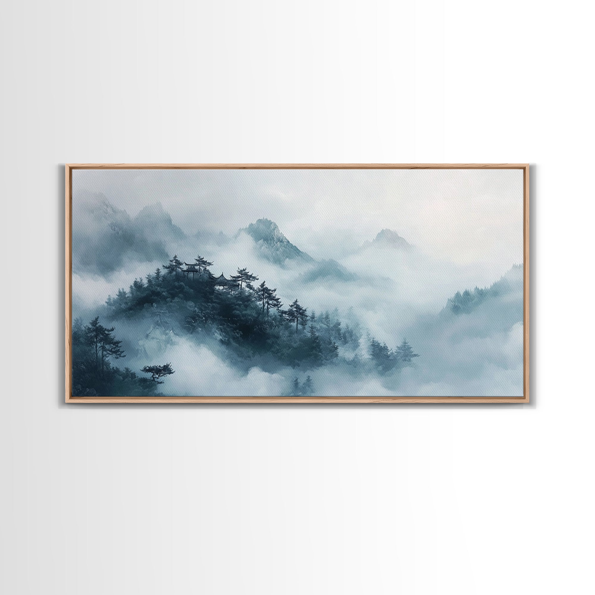 Misty Mountain, chinoiserie wall art, framed canvas print, zen wall art, mountain painting, panoramic painting, extra wide art