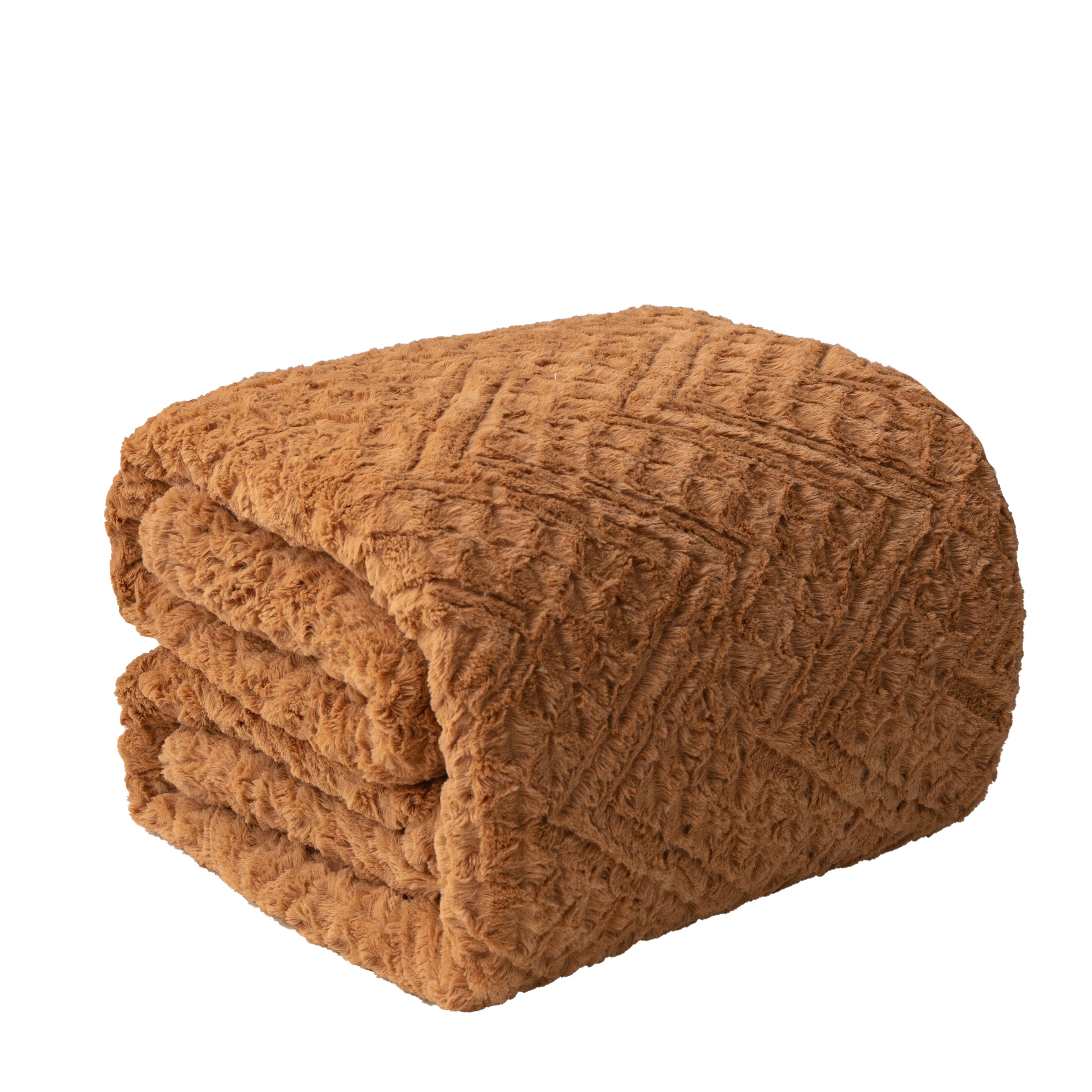 Tache Caramel Brown Faux Fur Throw Blanket Chevron Geometric Embossed (#10)