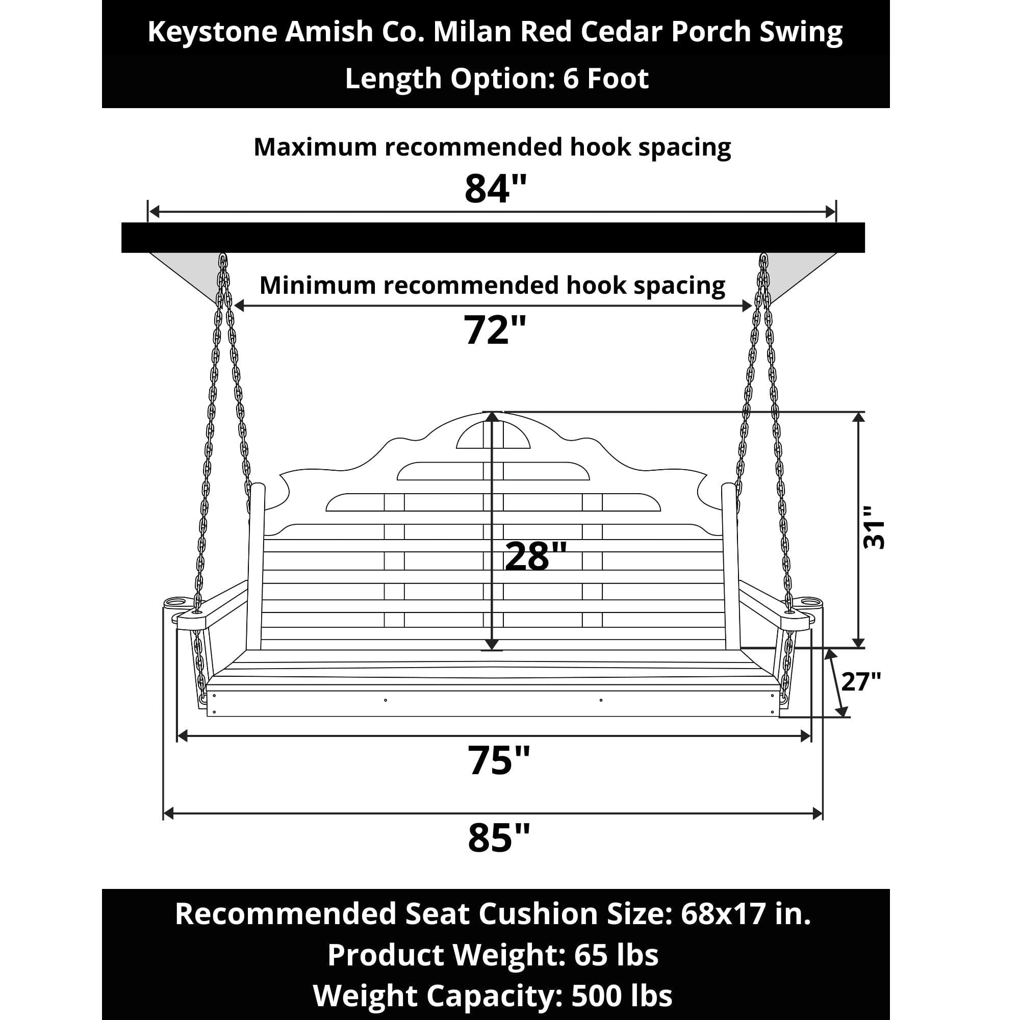 Keystone Amish Co. 6 Foot Milan Red Cedar Porch Swing without Cupholders
