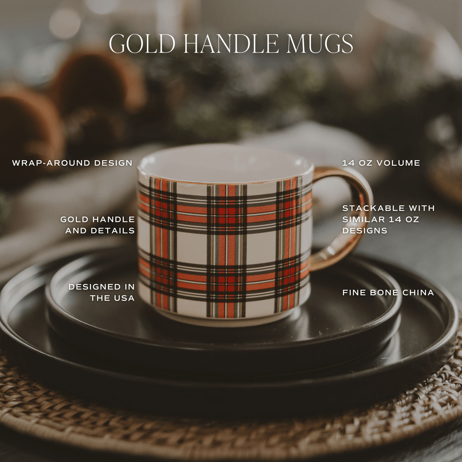White Plaid 14 oz Gold Handle Coffee Mug
