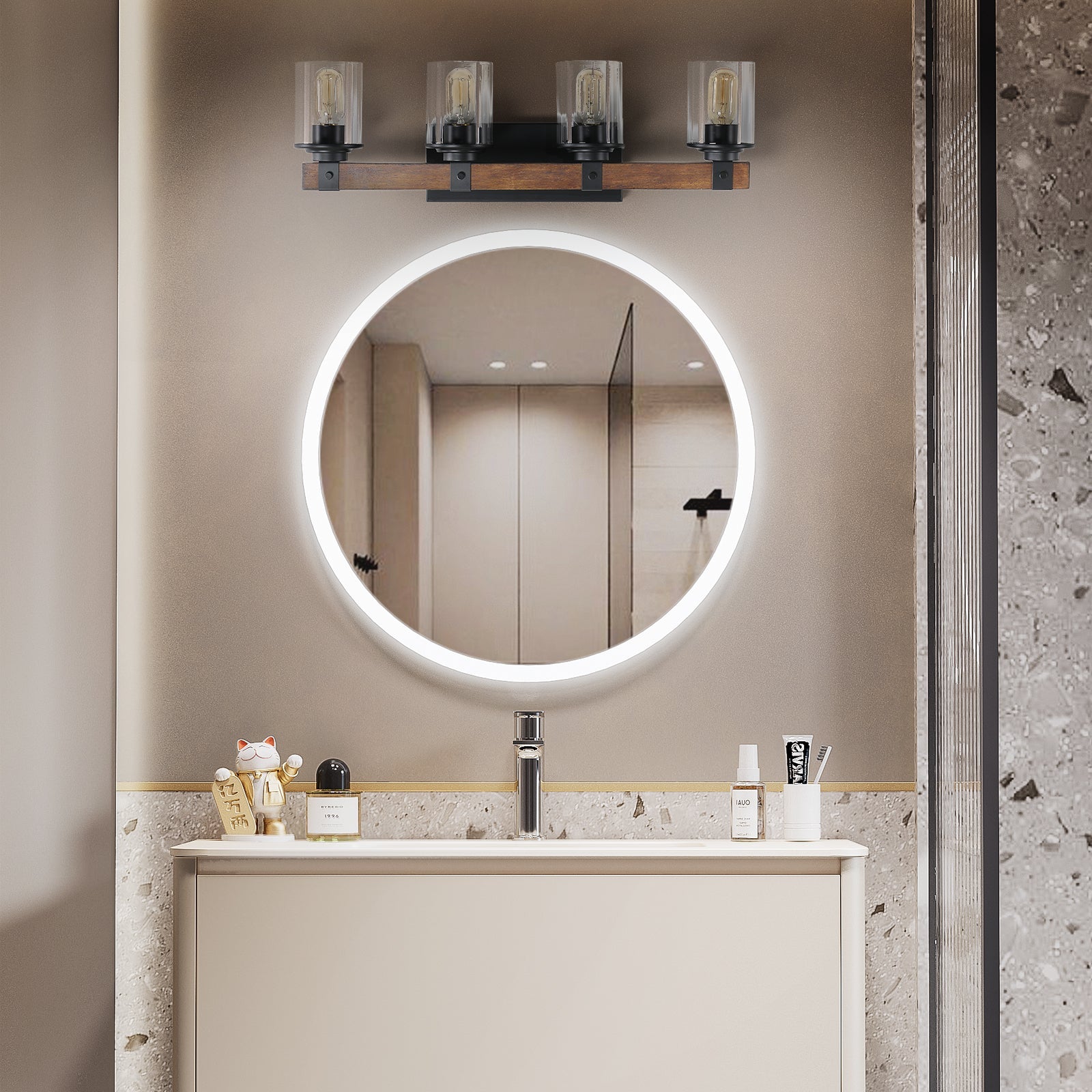 27" 4-Light Modern Farmhouse Bathroom Wall Sconce with Wood Accent