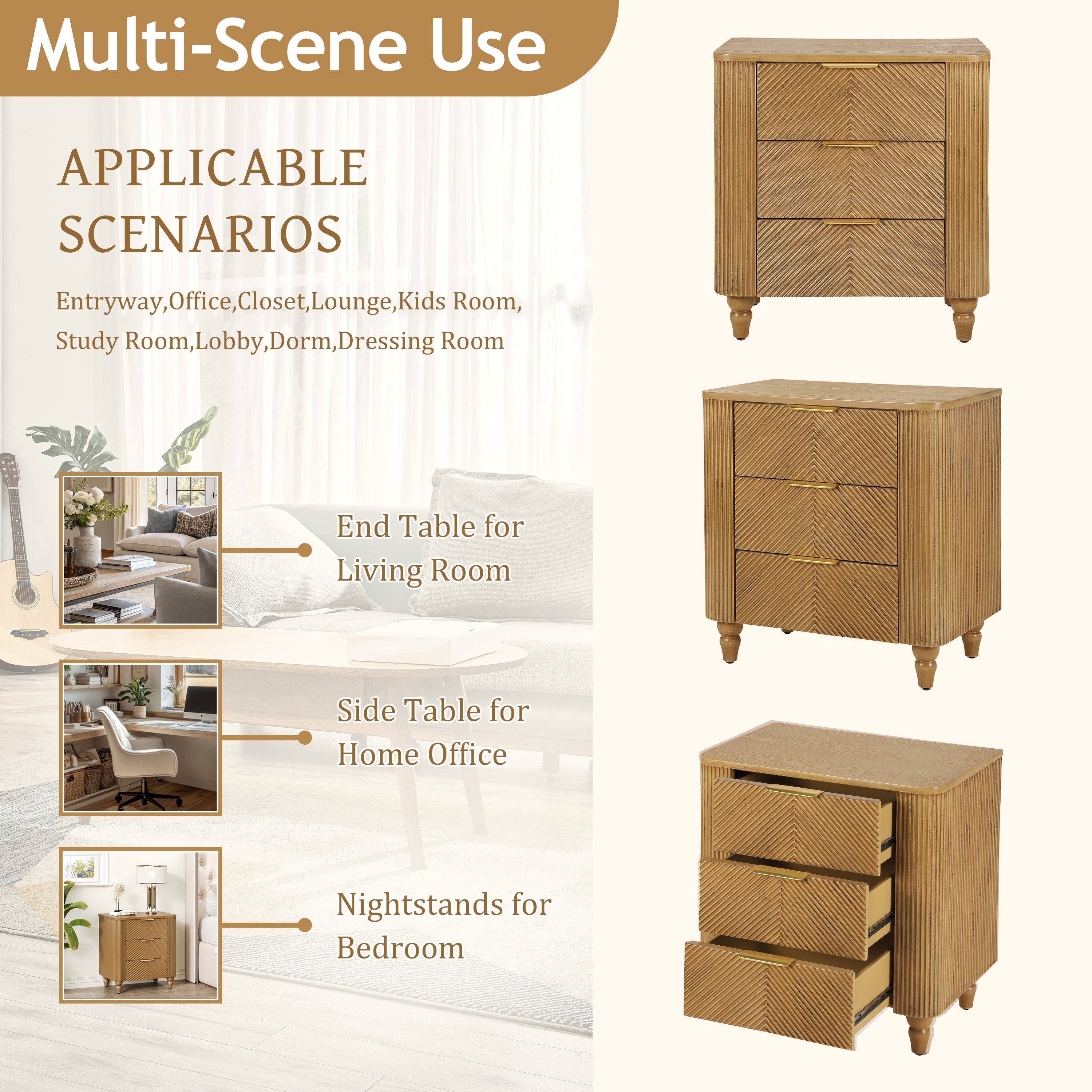 Mid-Century Fluted 3 Drawers Nightstand, Bedside Table with Curved Profile Design and Wide