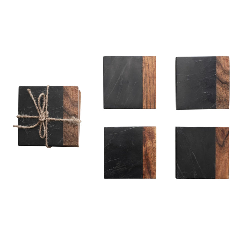 Marble and Acacia Wood Coasters- Set of 4