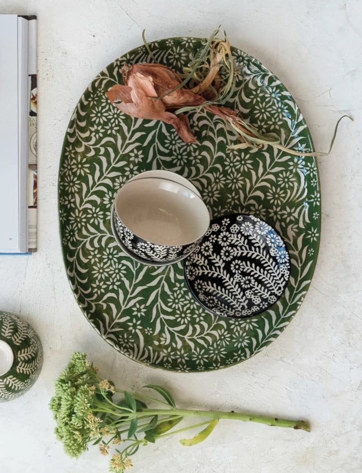 Stoneware Platter w/ Wax Relief Botanicals