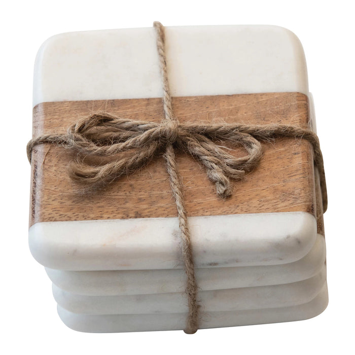 Marble and Acacia Wood Coasters- Set of 4
