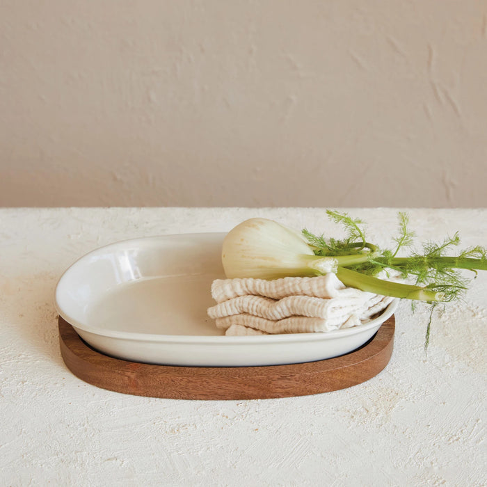 set of 2 -Stoneware Serving Dish w/ Mango Wood Base