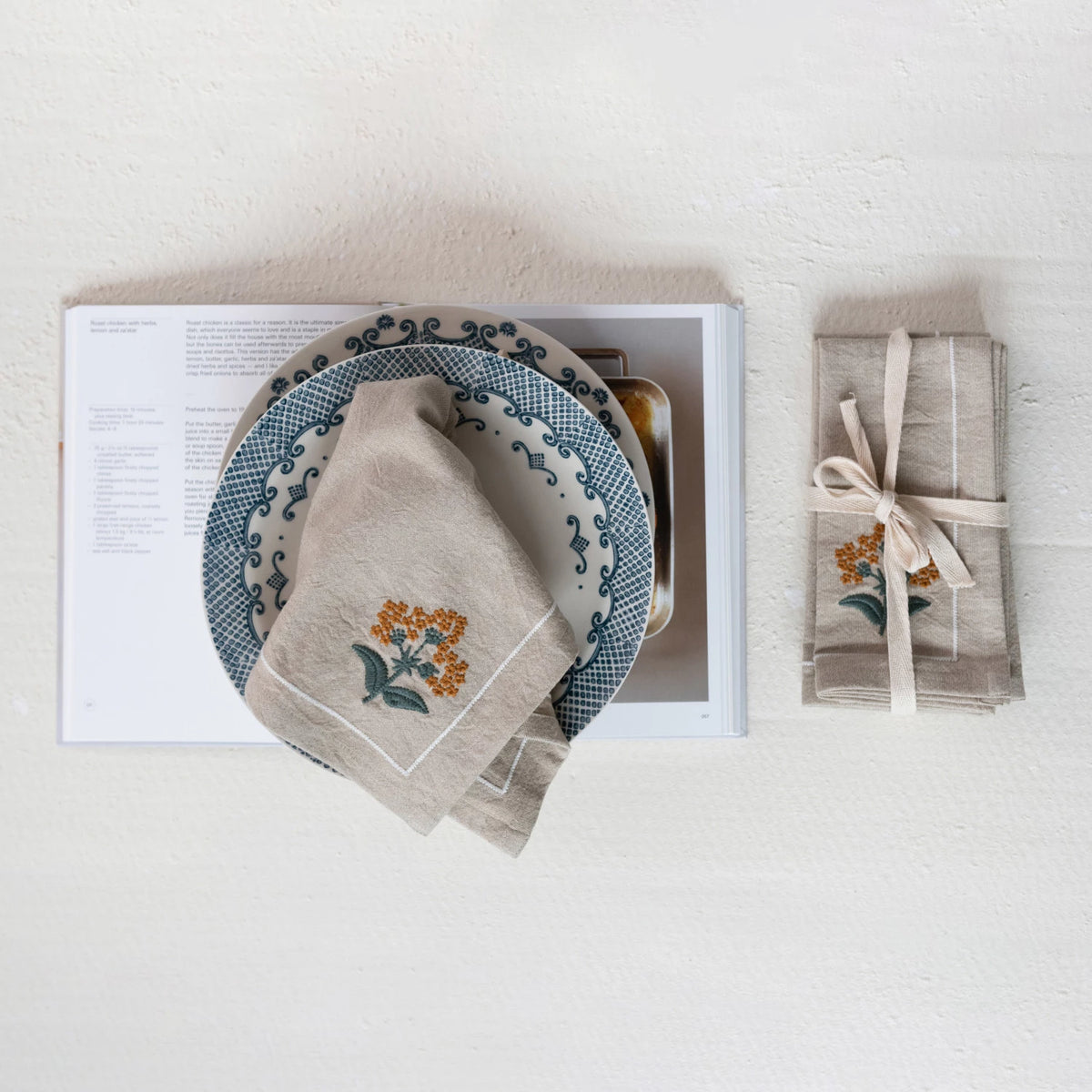 Cotton Napkins w/ Floral Embroidery & French Knots