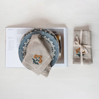 Cotton Napkins w/ Floral Embroidery & French Knots
