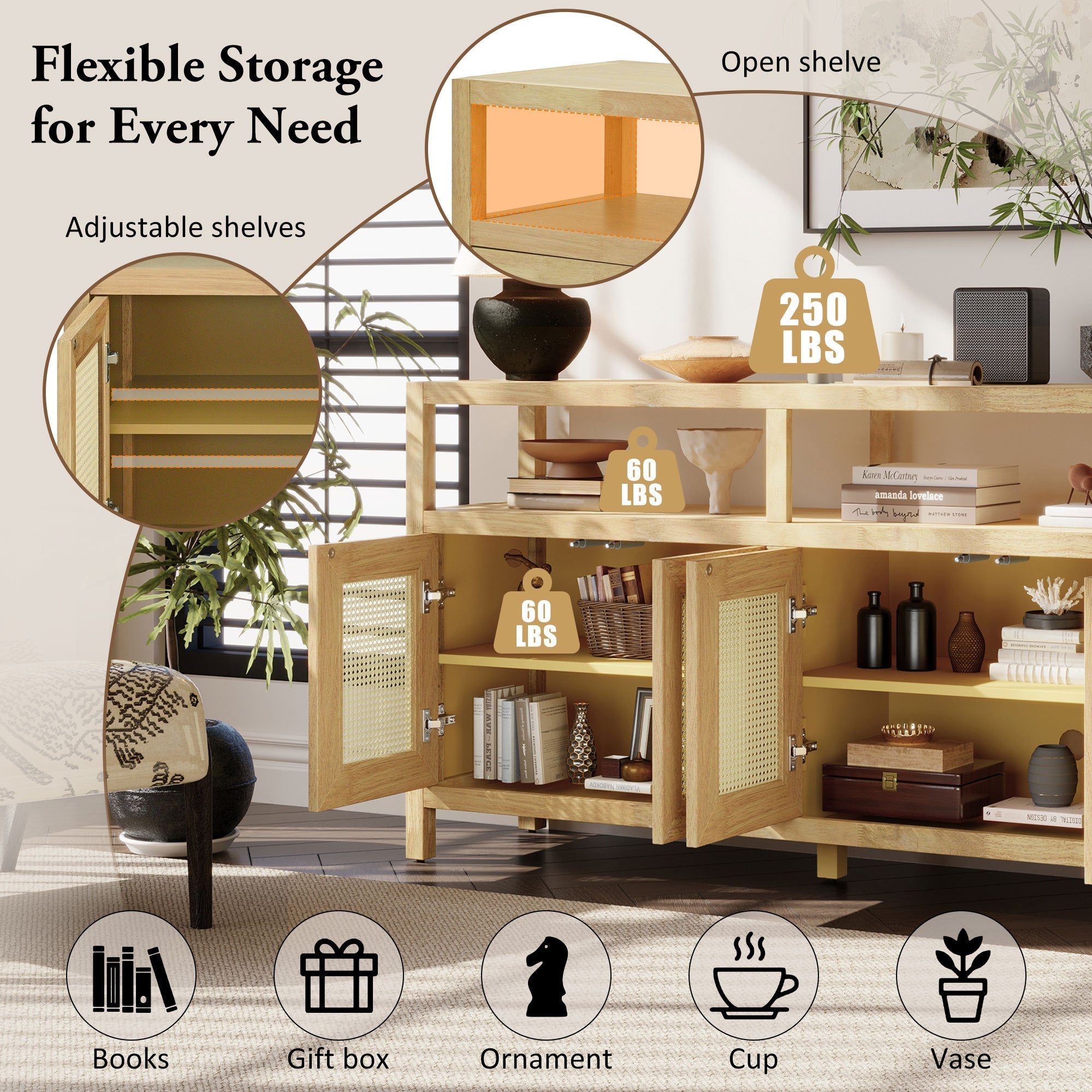 Bohemian Style Rattan Buffet Storage Cabinet with Solid Wood Frame