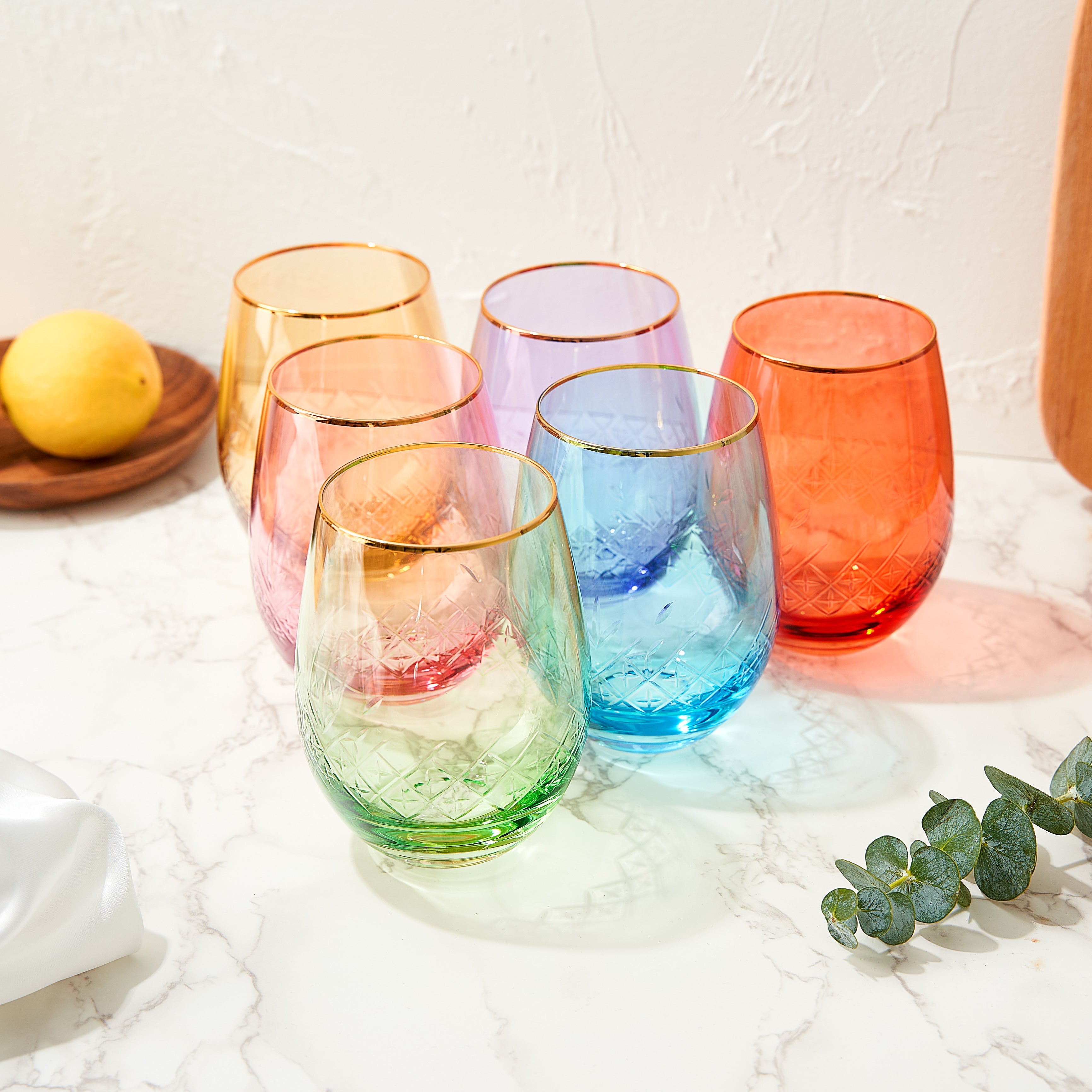 Art Deco Colored Crystal Wine Glass Set Of 6 Large 15 Oz Stemless Glasses Vibrant Vintage Glasses Fo