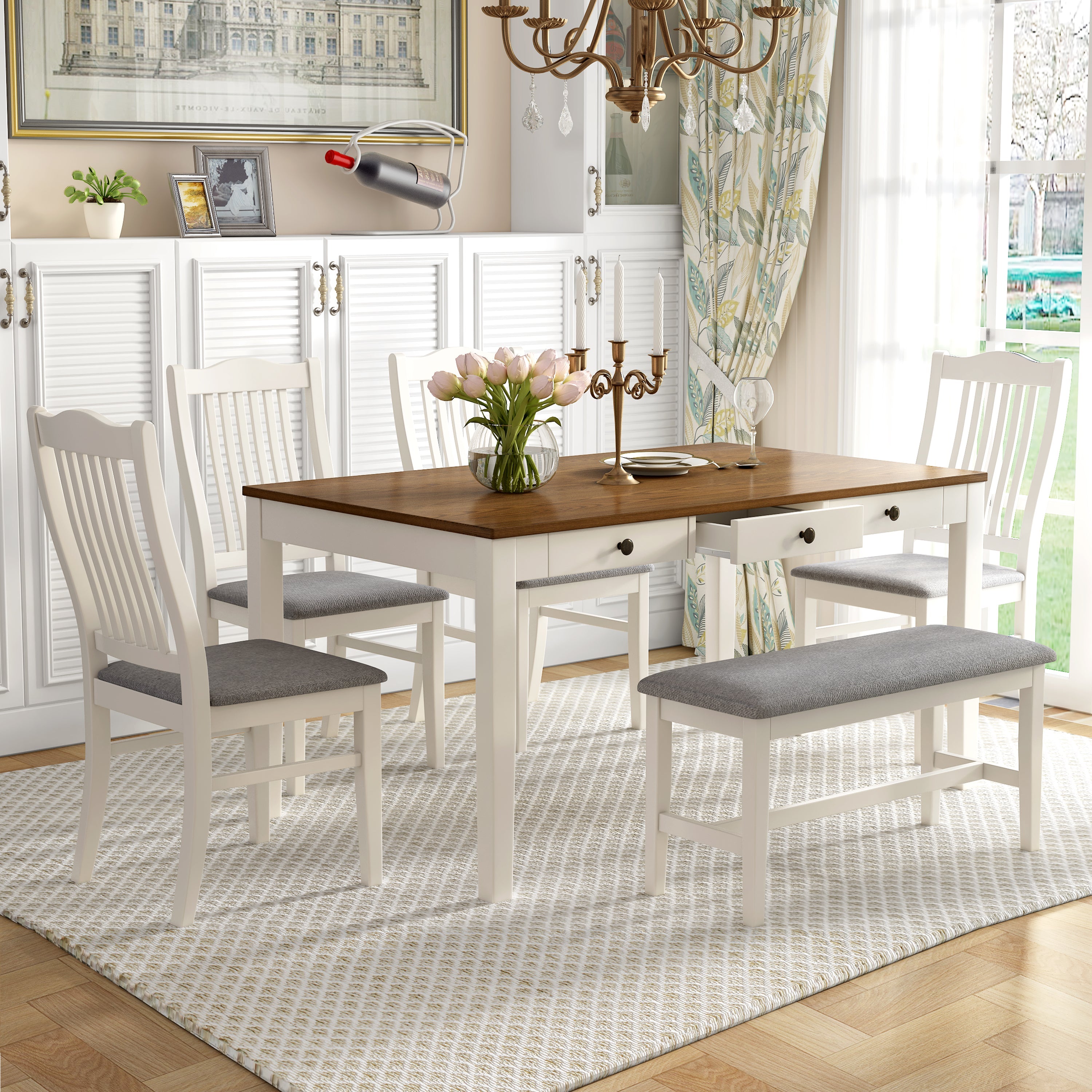 TOPMAX Mid-Century 6-Piece Wood Dining Table Set