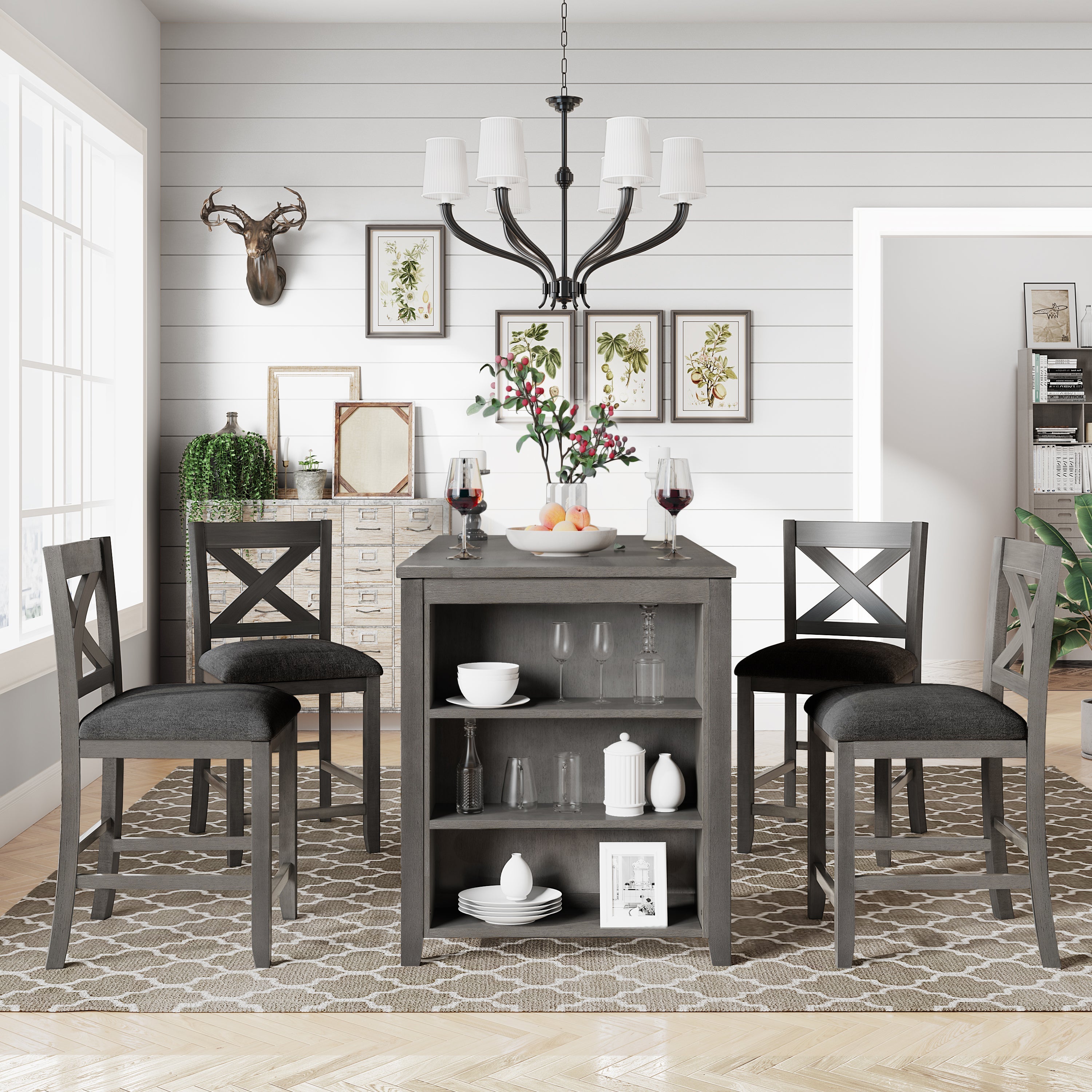 TOPMAX 5 Pieces Counter Height Rustic Farmhouse Dining Room Wooden Bar Table Set with 4 Chairs, Gray