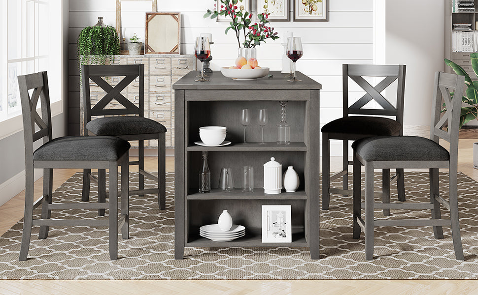 TOPMAX 5 Pieces Counter Height Rustic Farmhouse Dining Room Wooden Bar Table Set with 4 Chairs, Gray