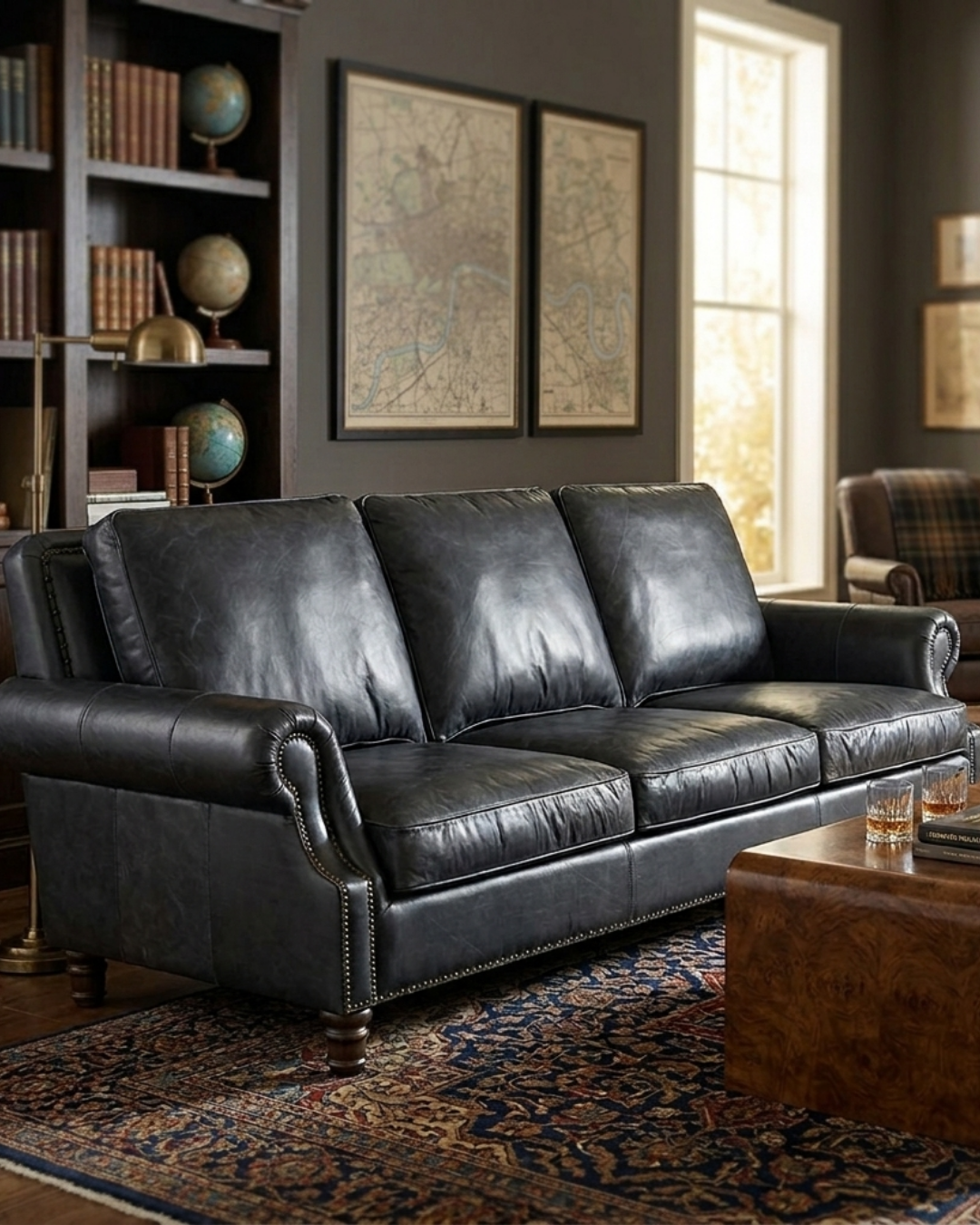 English Rolled Arm Sofa - Slate Leather