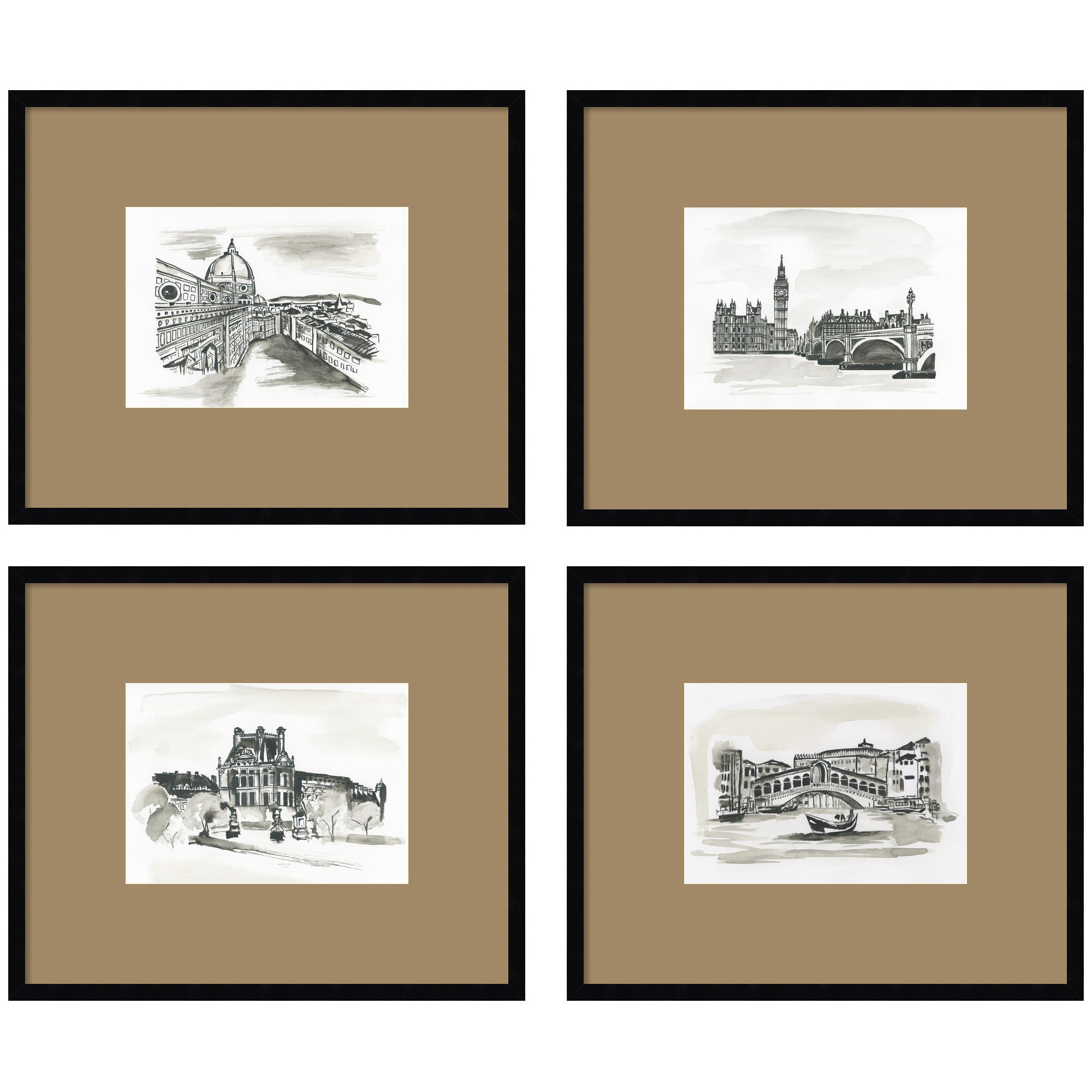 Vintage Europe 4 Piece Framed Wall Art Print Set by Teju Reval Brown Mat