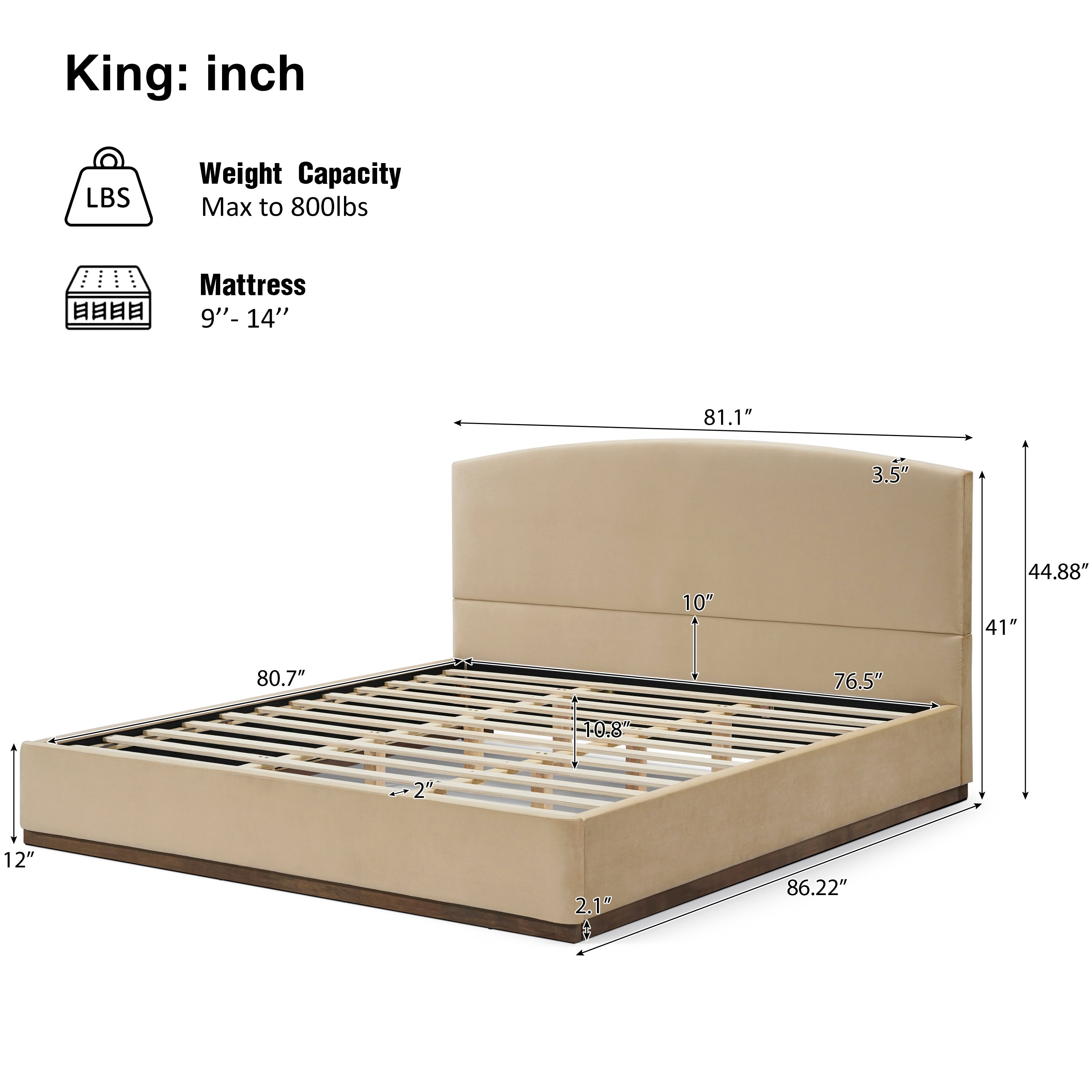King Size Upholstered Bed Frame With Velvet Fabric Thick Headboard, Solid Wood Base, Camel