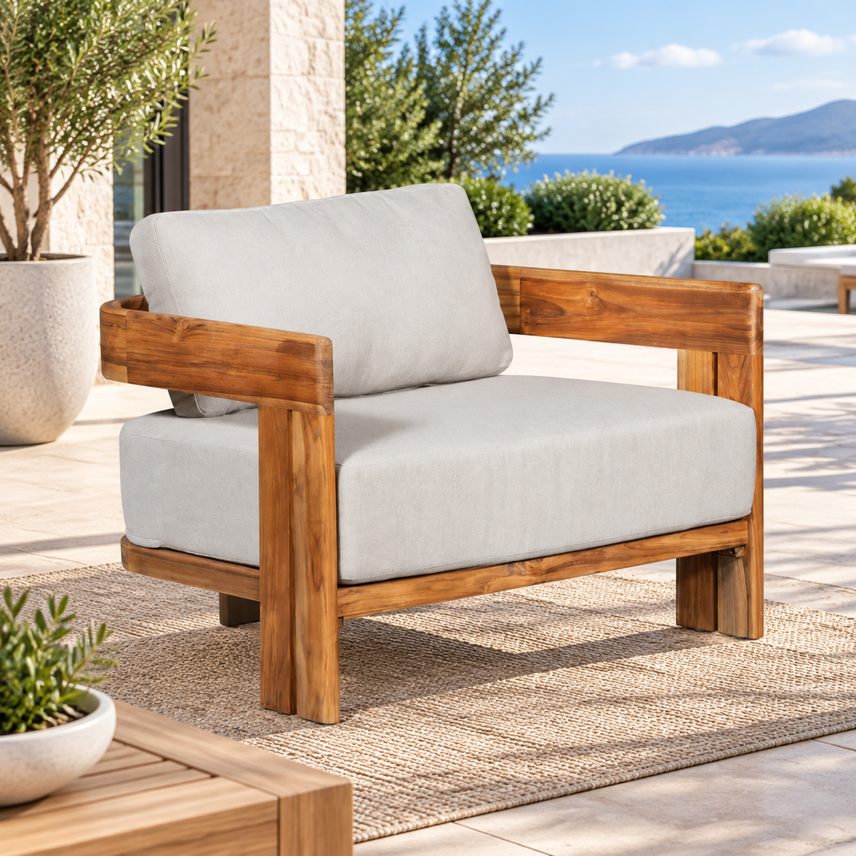 Paradiso Outdoor Solid Teak Wood Chair - Grey fabric