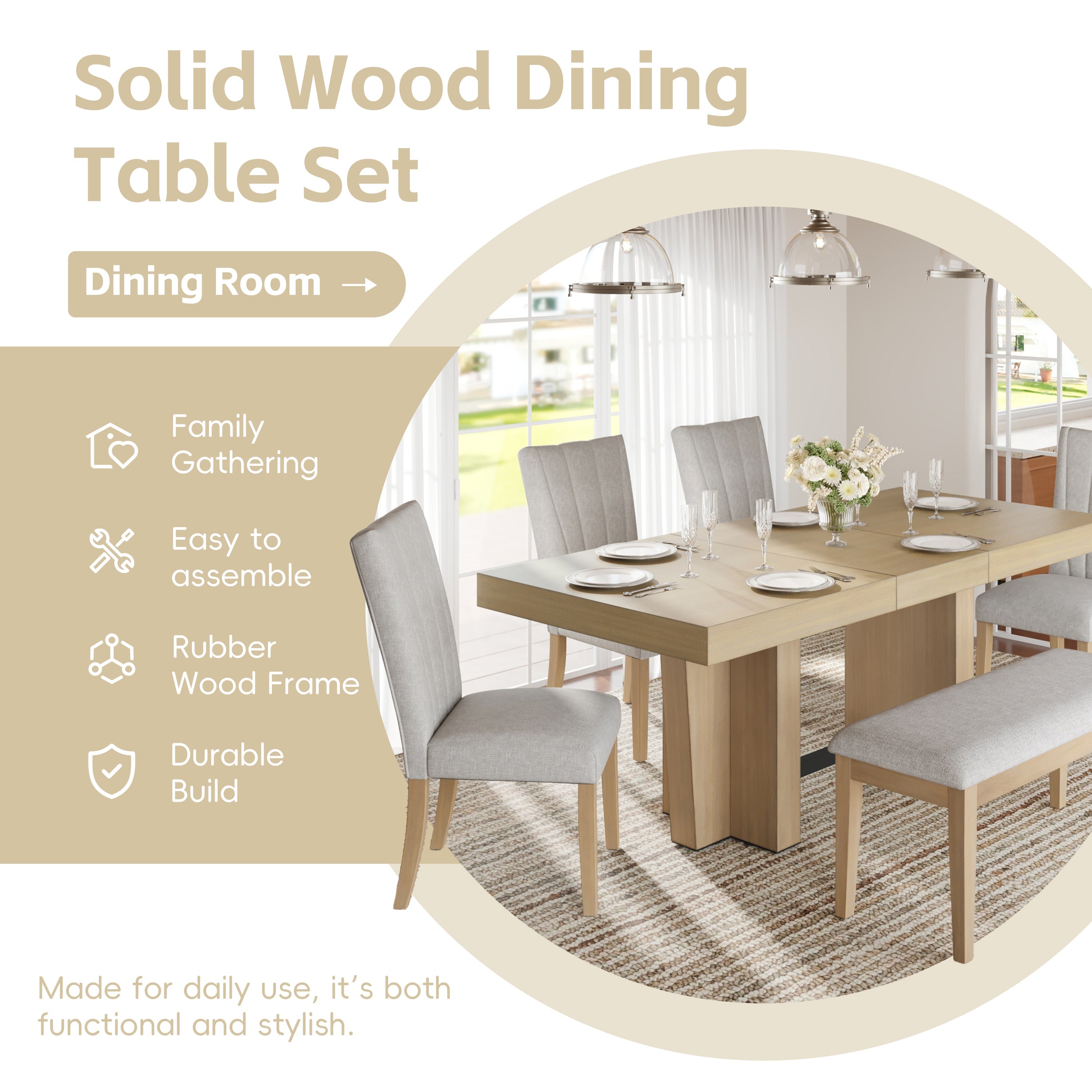 TOPMAX Farmhouse Extendable Wood Dining Table Set for 6