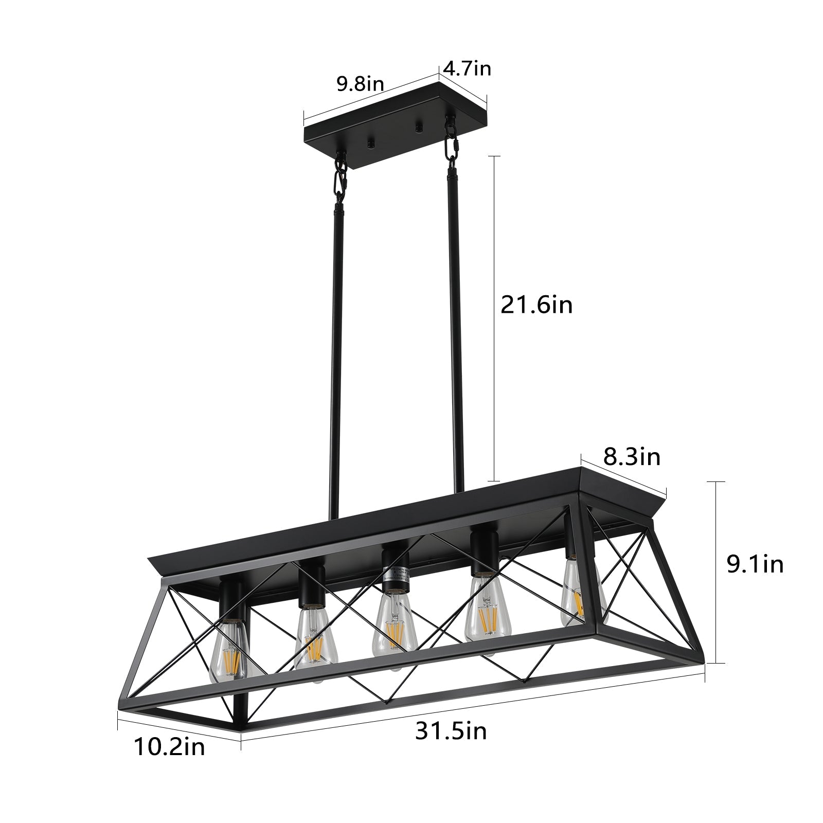 5-light farmhouse pendant light, metal pendant light island fixture, modern rectangular island light, pure black (no bulb)