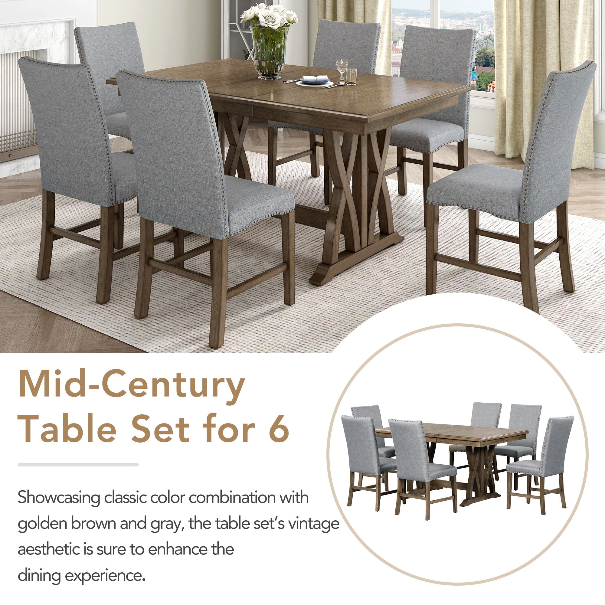 TOPMAX Mid Century Solid Wood 7-Piece Expandable Dining Table Set with Soft Cushioned Chair, Gold Brown+Gray Cushions